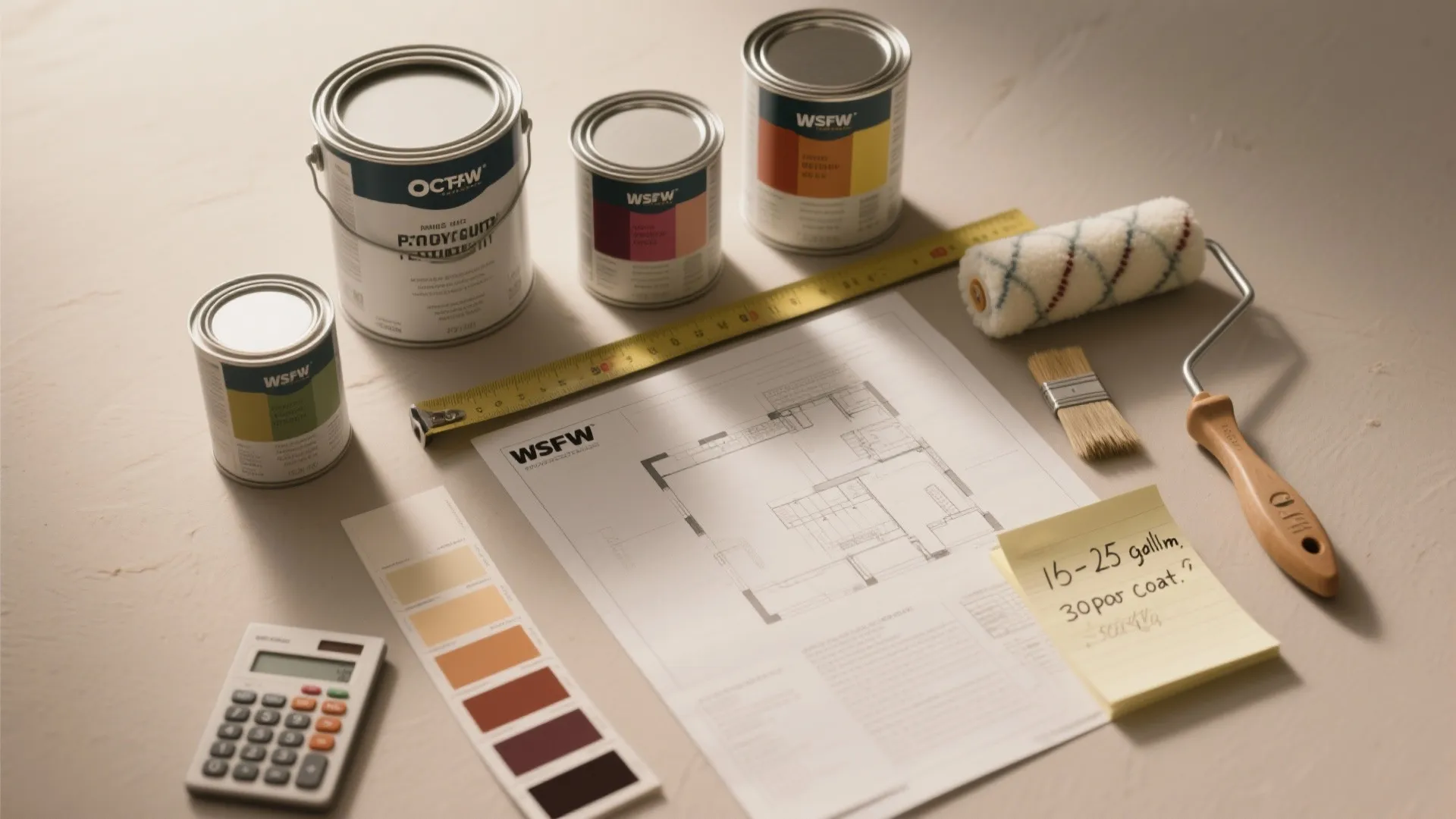 Table with paint cans paint roller color swatches floor plan calculator and tape measure tools