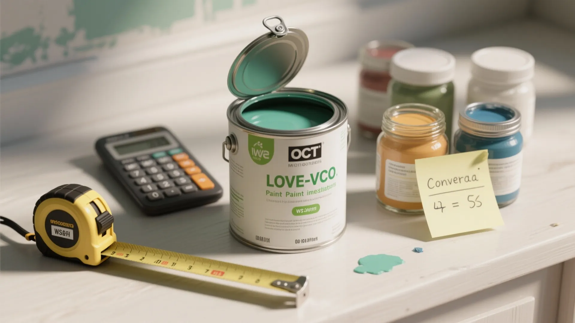 Measuring tape, calculator, and paint samples used to estimate paint needs and minimize waste.