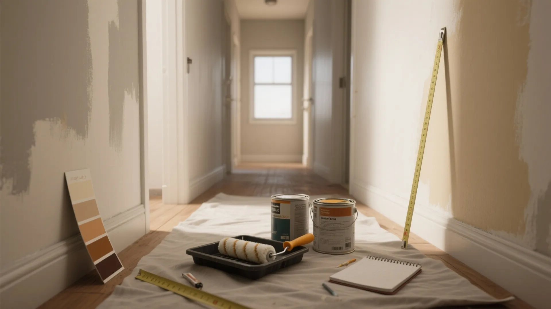 Hallway floor with paint cans, roller tray, color card, measuring tape, and notebook for home improvement