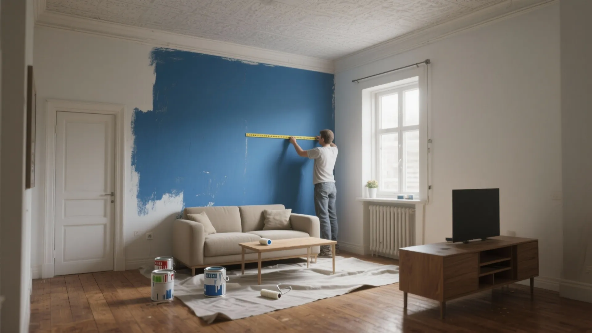 Man measuring a blue accent wall in a living room with sofa and paint cans