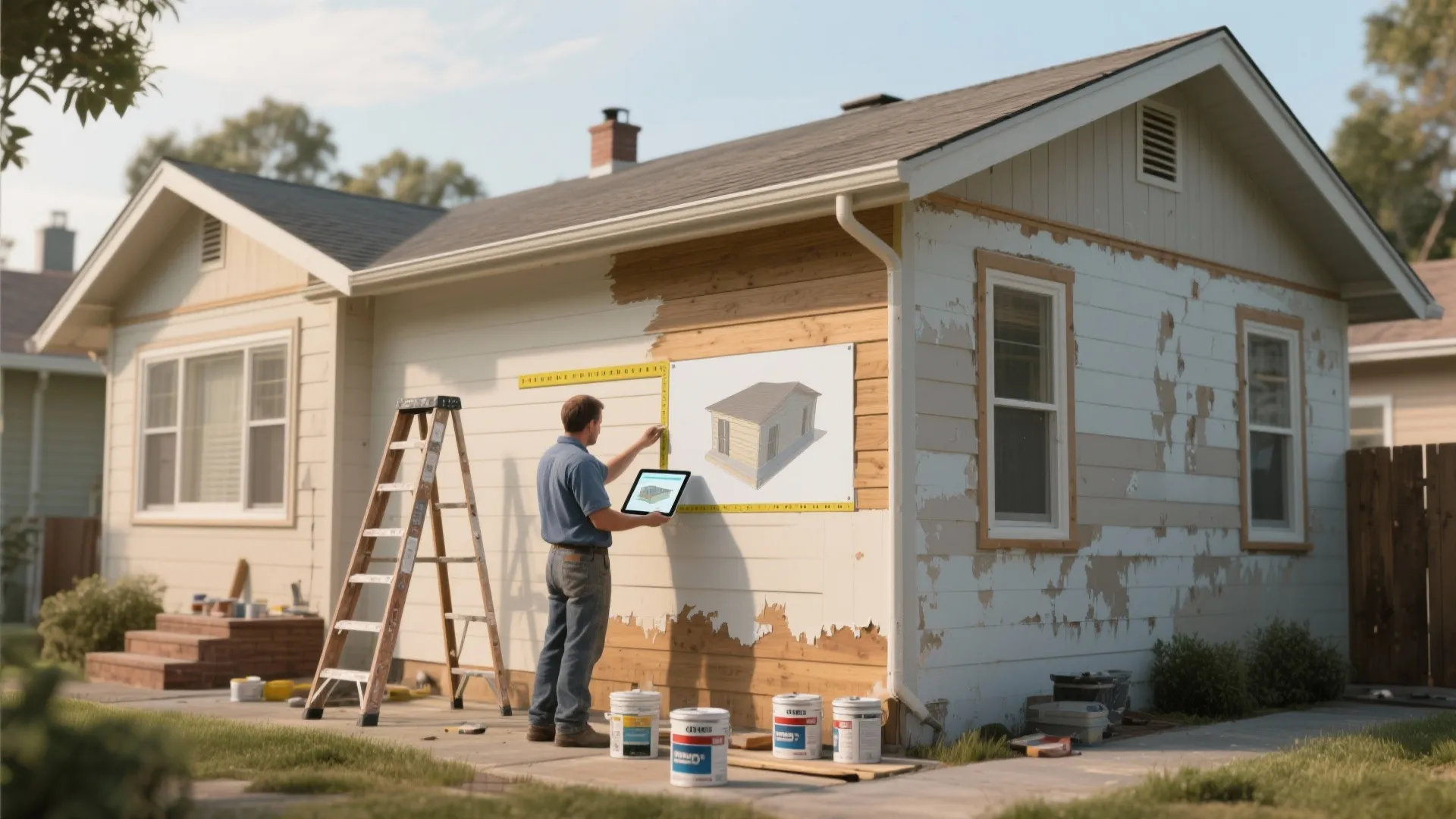 Man using a tablet to plan exterior house painting with paint cans and wooden ladder