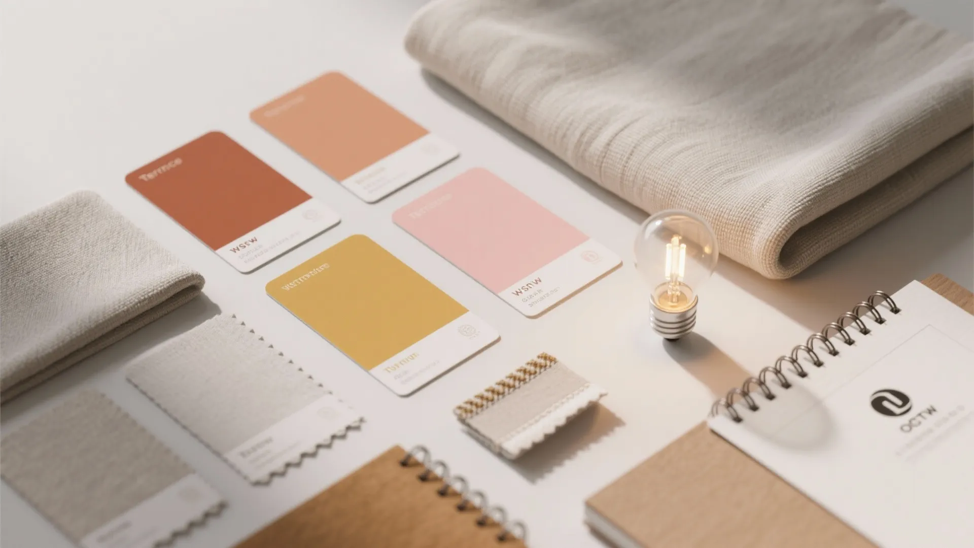 Flatlay of paint sample cards and fabric swatches for warm-bedroom palettes with a warm LED bulb sample
