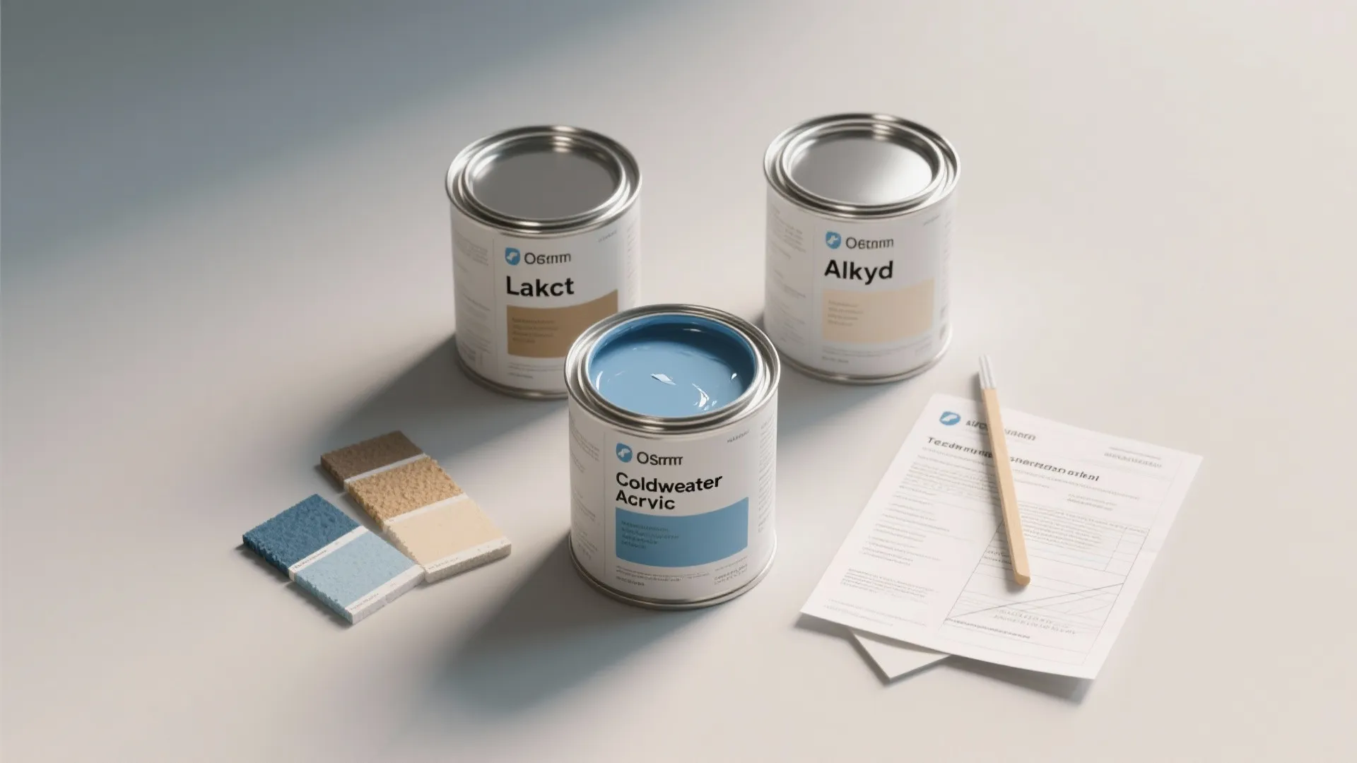 Three different paint cans on a white floor with color samples and a small stick