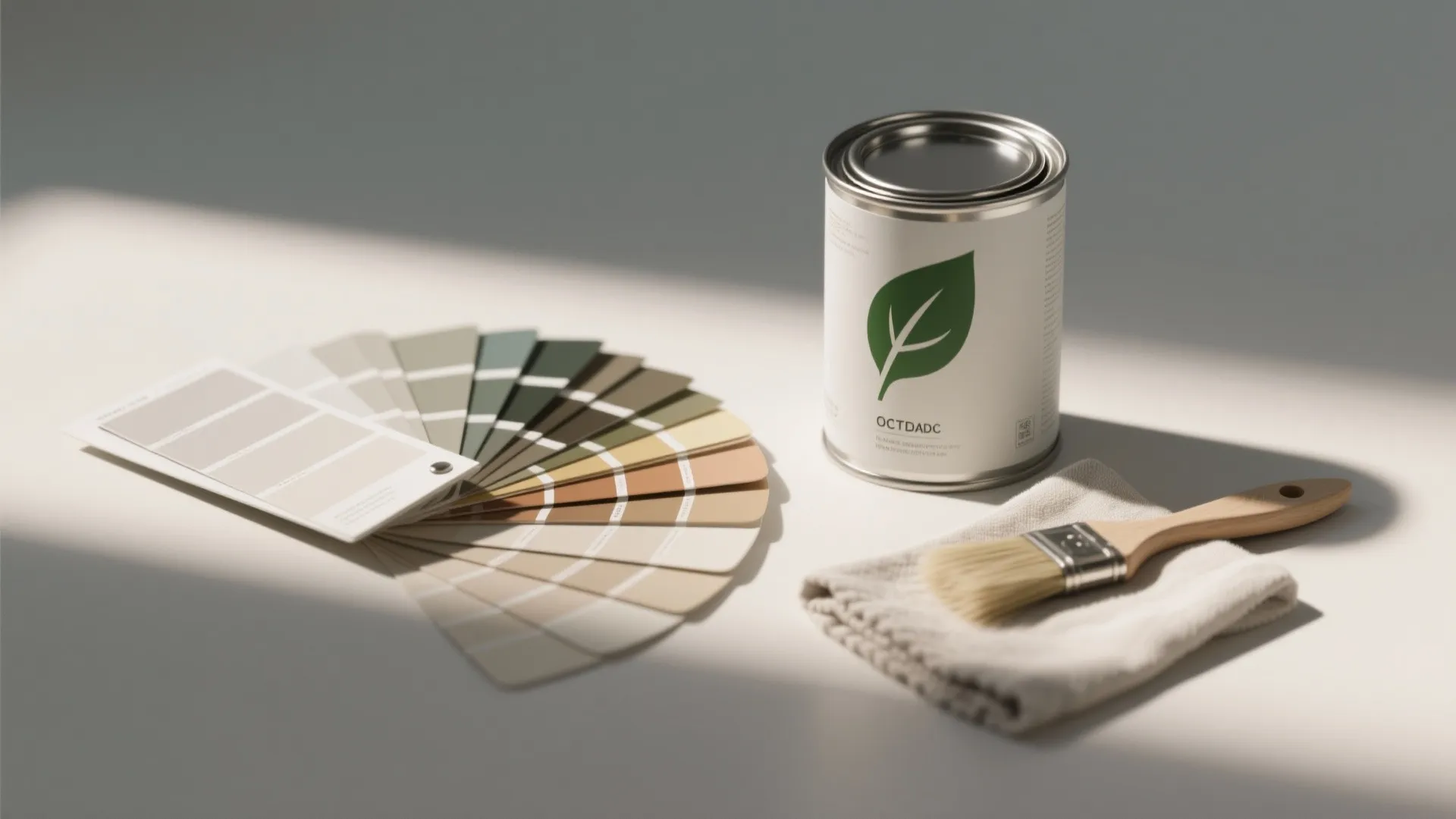 Colorful paint swatches spread out on a white surface with a paint can and brush