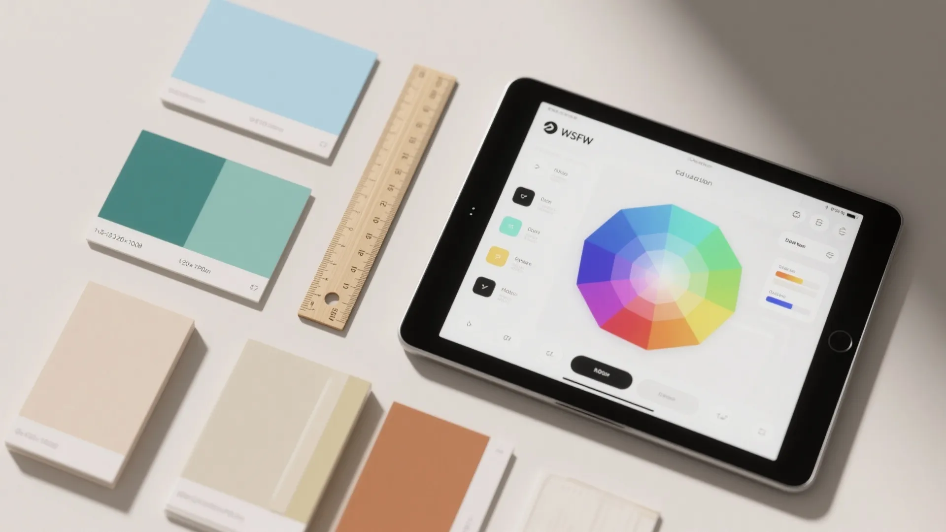 Tablet showing color wheel app next to wooden ruler and several colorful paint sample cards