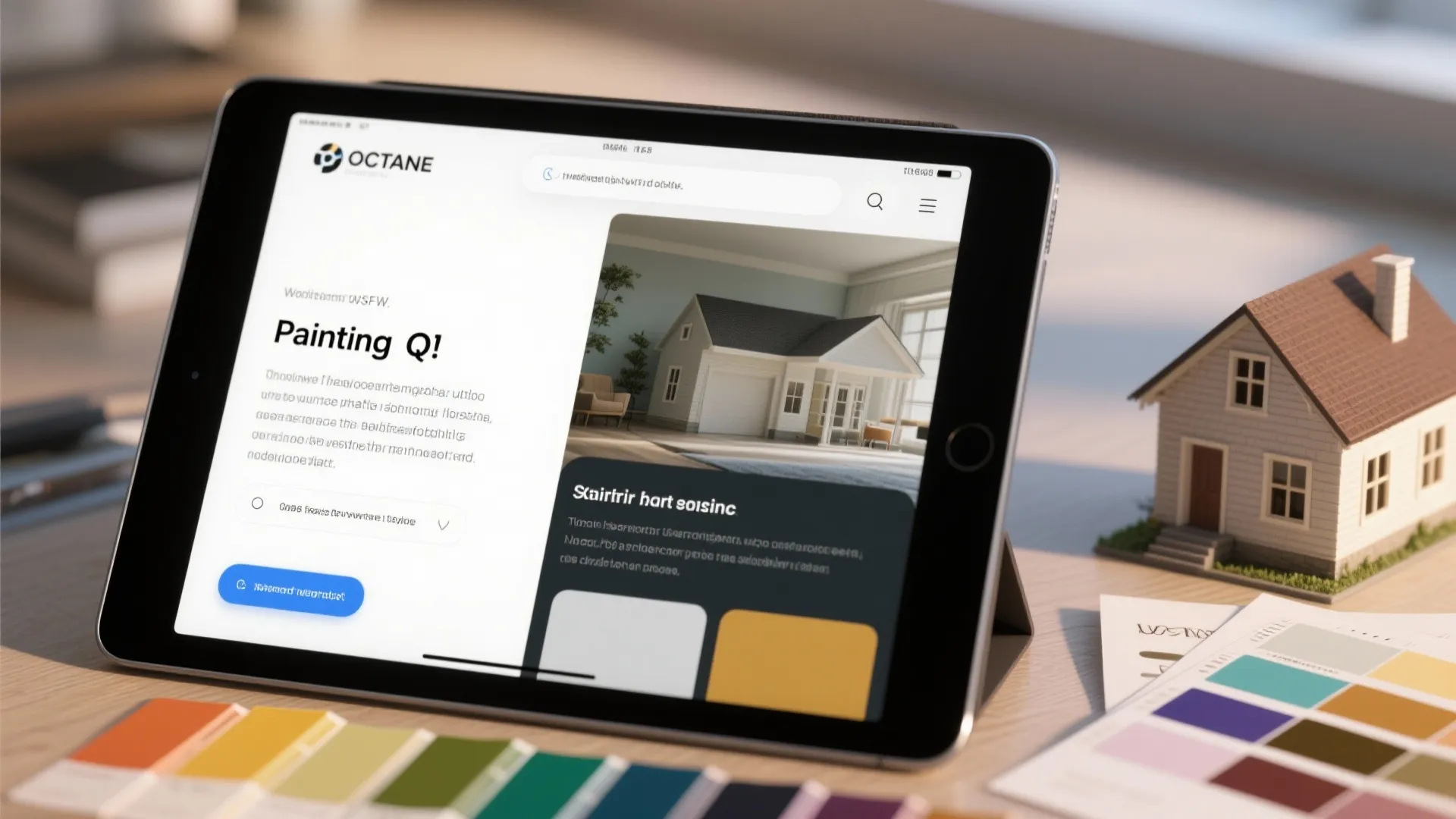 Tablet screen showing a house painting guide next to color samples and a house model