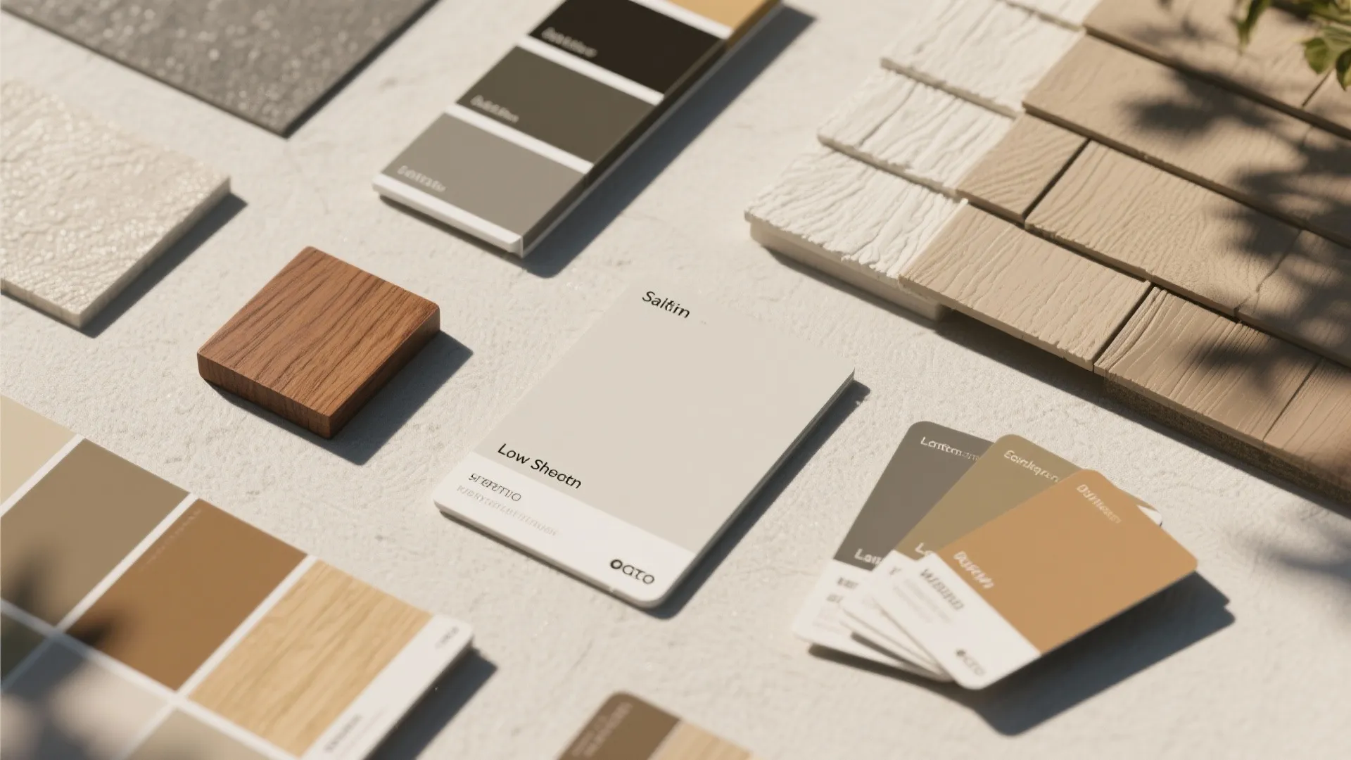 Interior design material samples featuring paint swatches wood pieces stone tiles and neutral color palette
