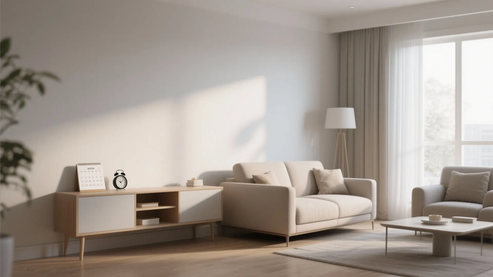 Minimalist living room with beige sofa wooden cabinet floor lamp and window with soft sunlight