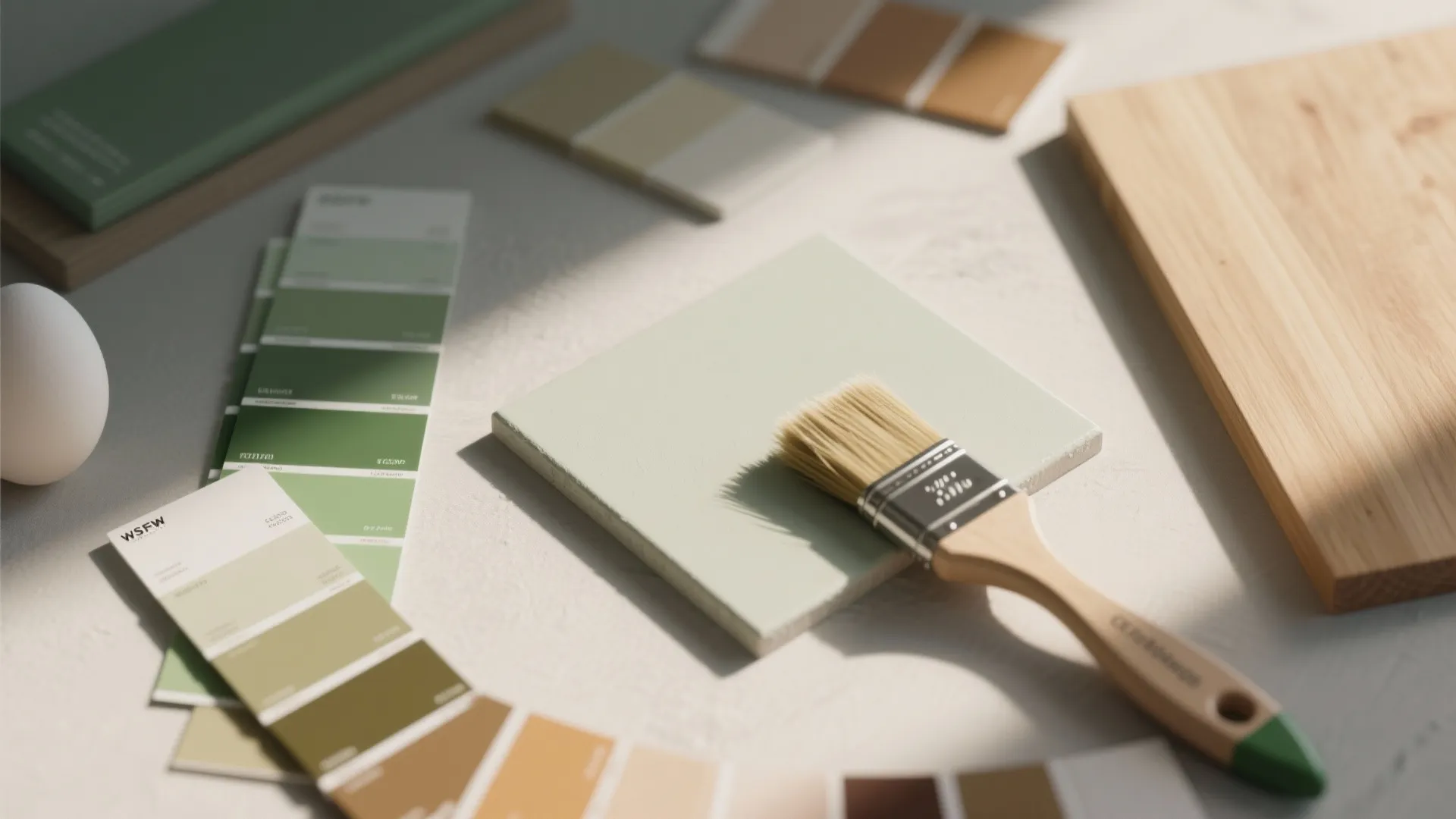 Green paint color swatches and a paint brush resting on a light green square tile