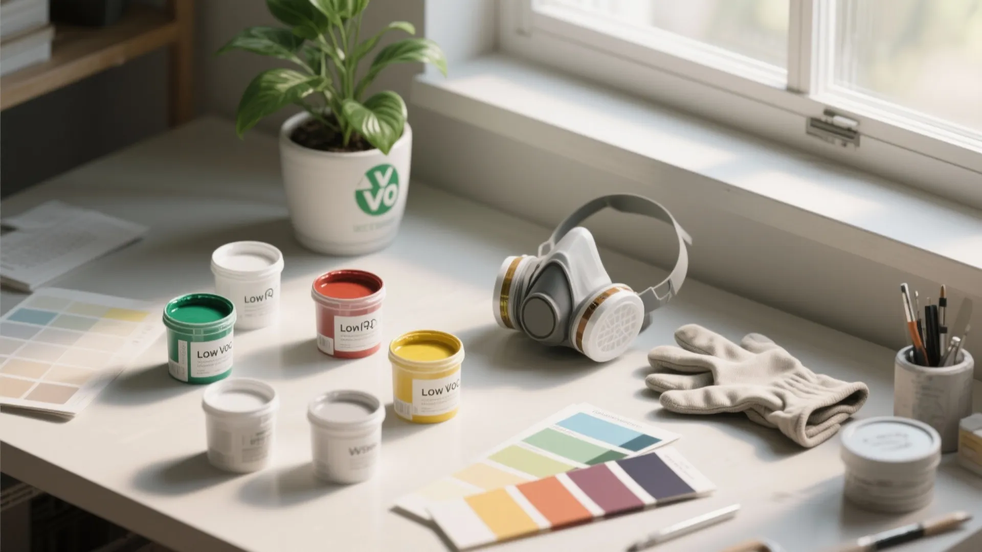 Table with colorful paint cans color swatches safety mask and work gloves near window plant