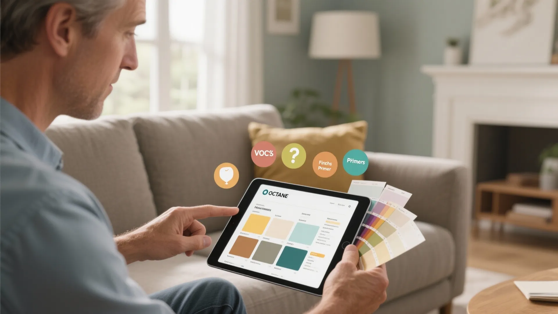 Man using a tablet computer to choose wall paint colors while sitting on a sofa