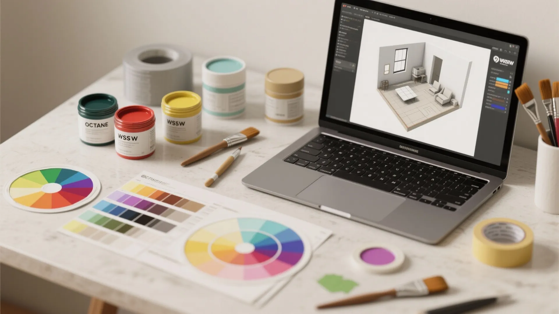 Laptop showing interior design drawing with paint cans and color wheels on white marble desk