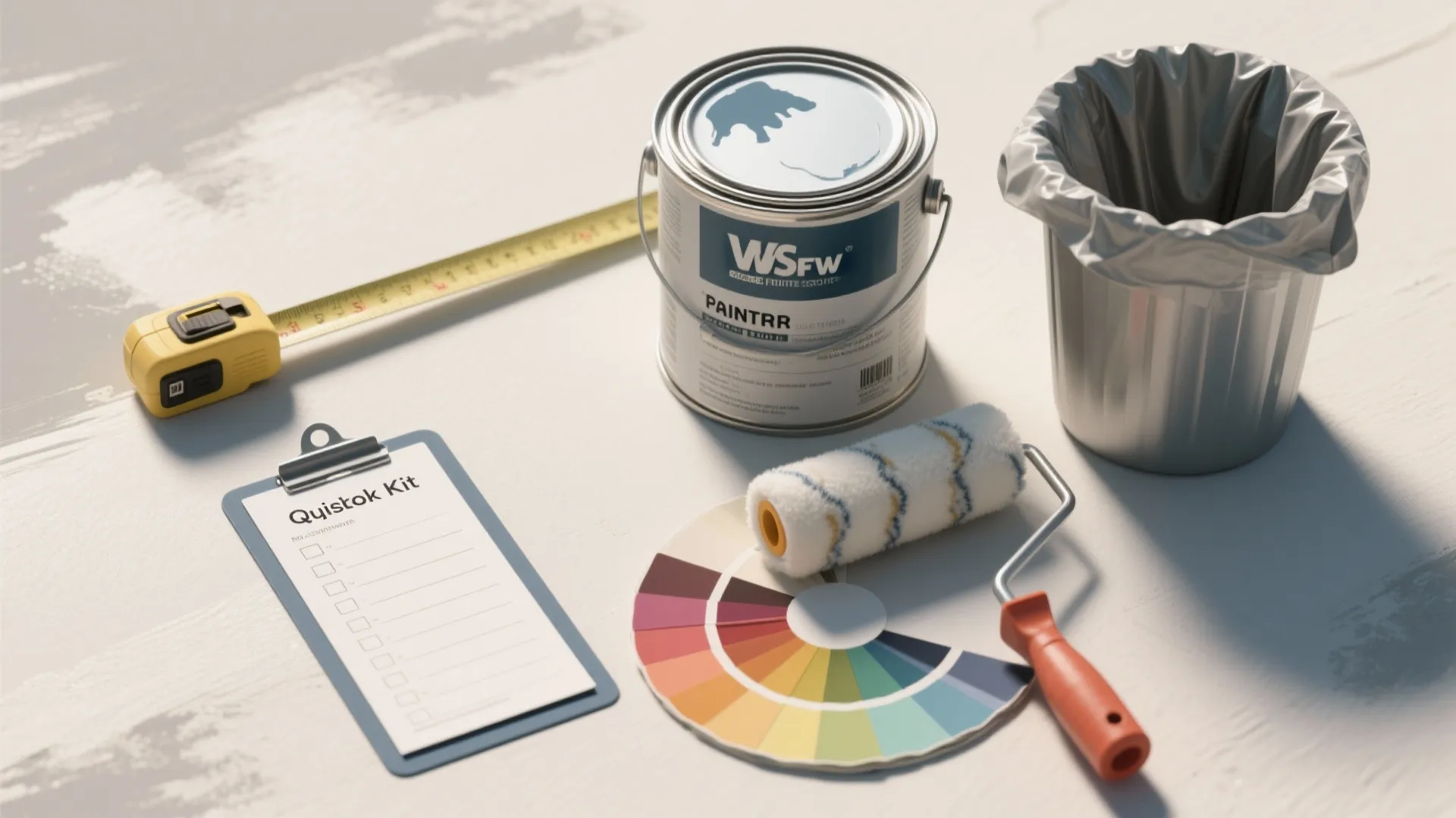 Painting tools including paint can roller color wheel tape measure and checklist for home renovation