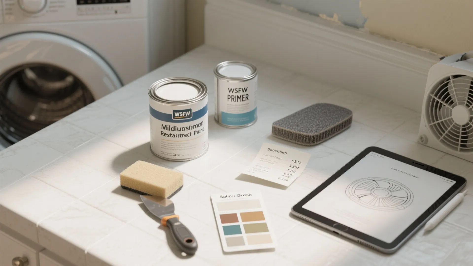 Flatlay of paint cans, primer, tools, and a tablet illustrating ventilation and budget notes for laundry room prep.