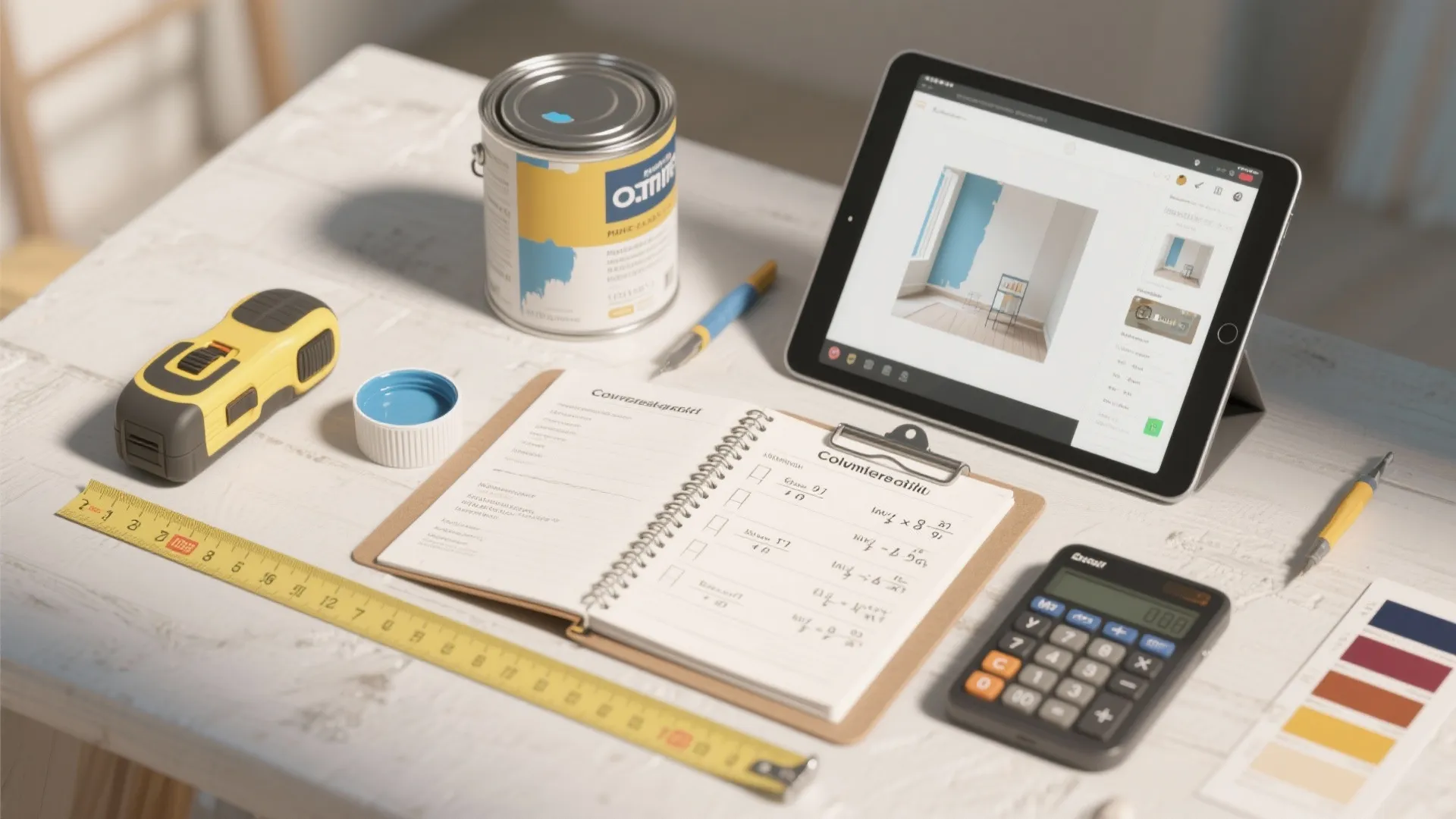 Workspace with tablet showing interior design drawing paint can notebook calculator and yellow measuring tape tools