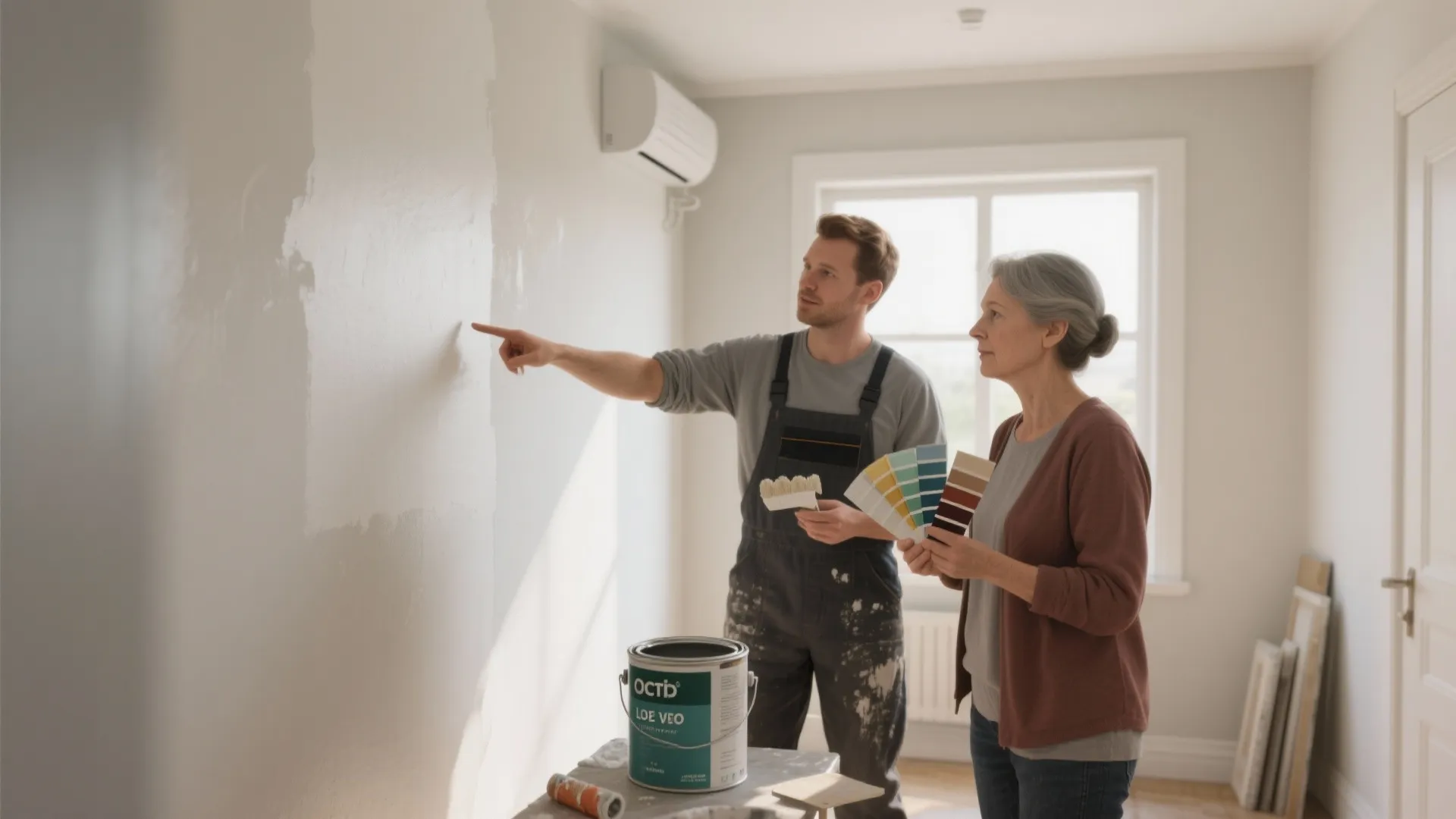 Professional painter showing a woman wall paint samples while standing in a bright living room
