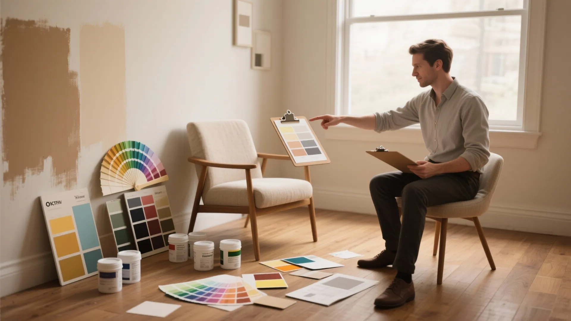 Man sitting in room pointing at color palette with paint cans and various samples nearby