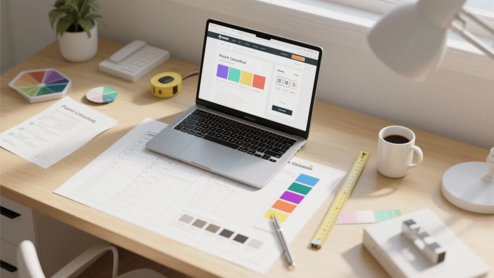 Laptop on desk showing paint calculator website with color swatches, tape measure, and coffee cup