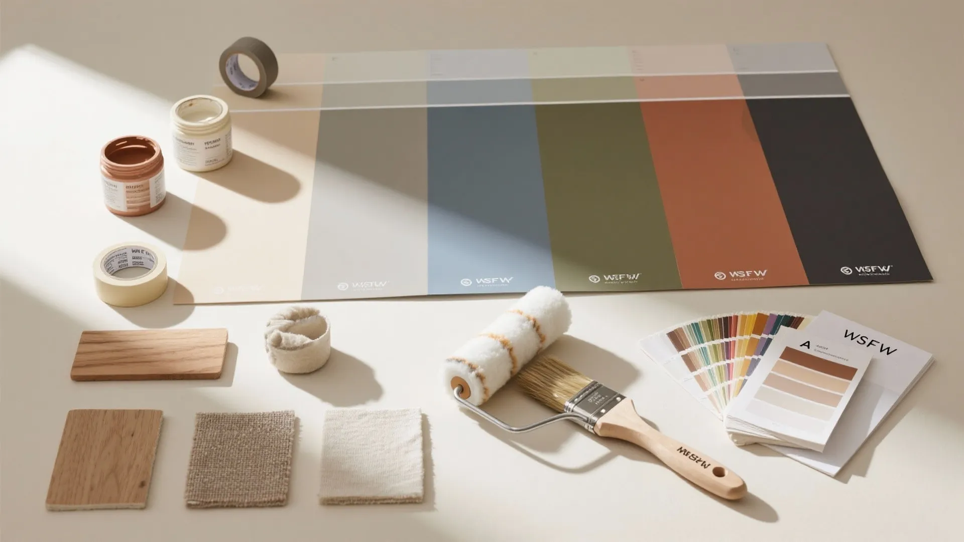 Interior design materials including color paint cards brush roller wood samples and fabric on desk