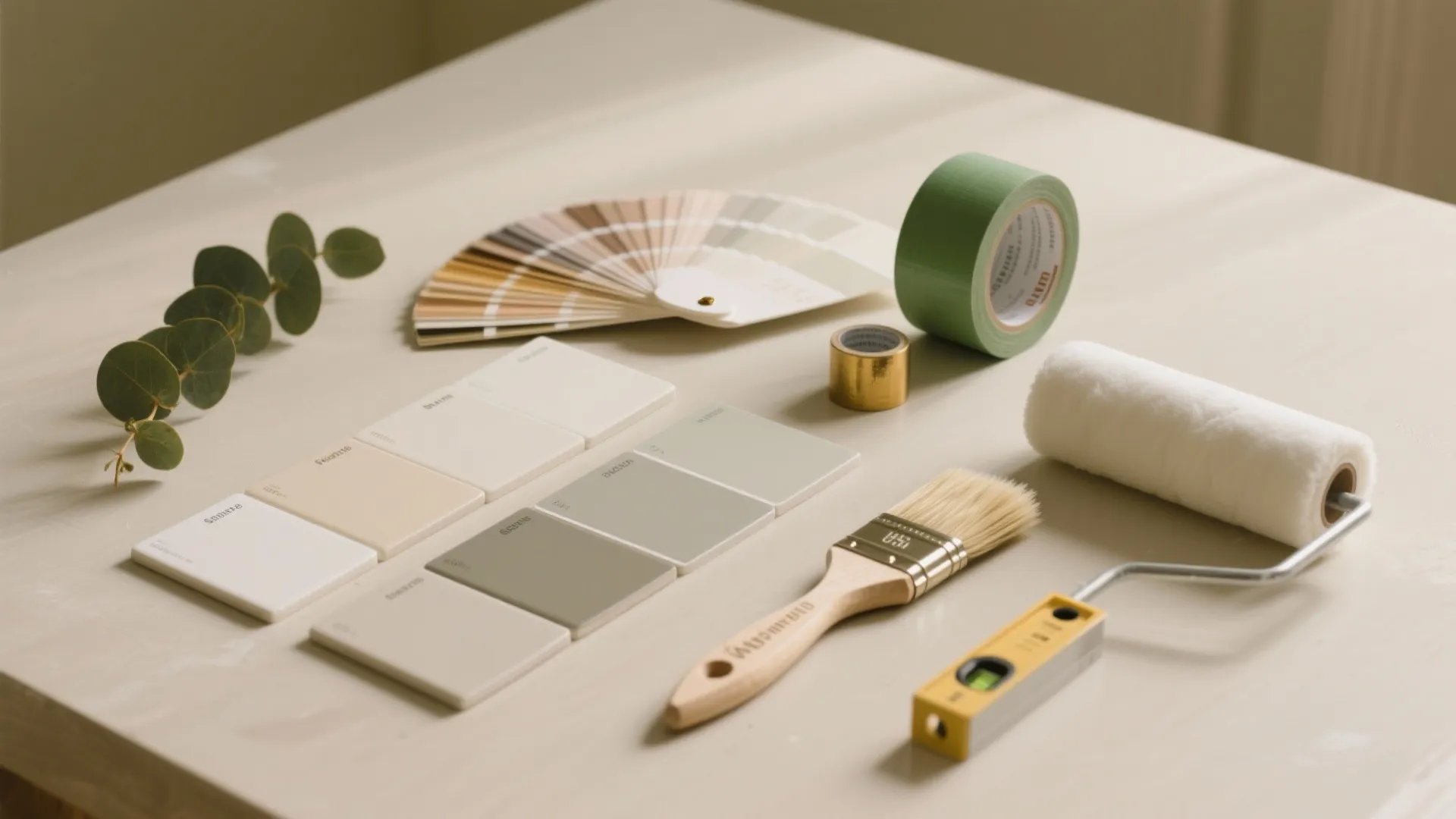Home painting tools including color swatches and a brush and a paint roller and level