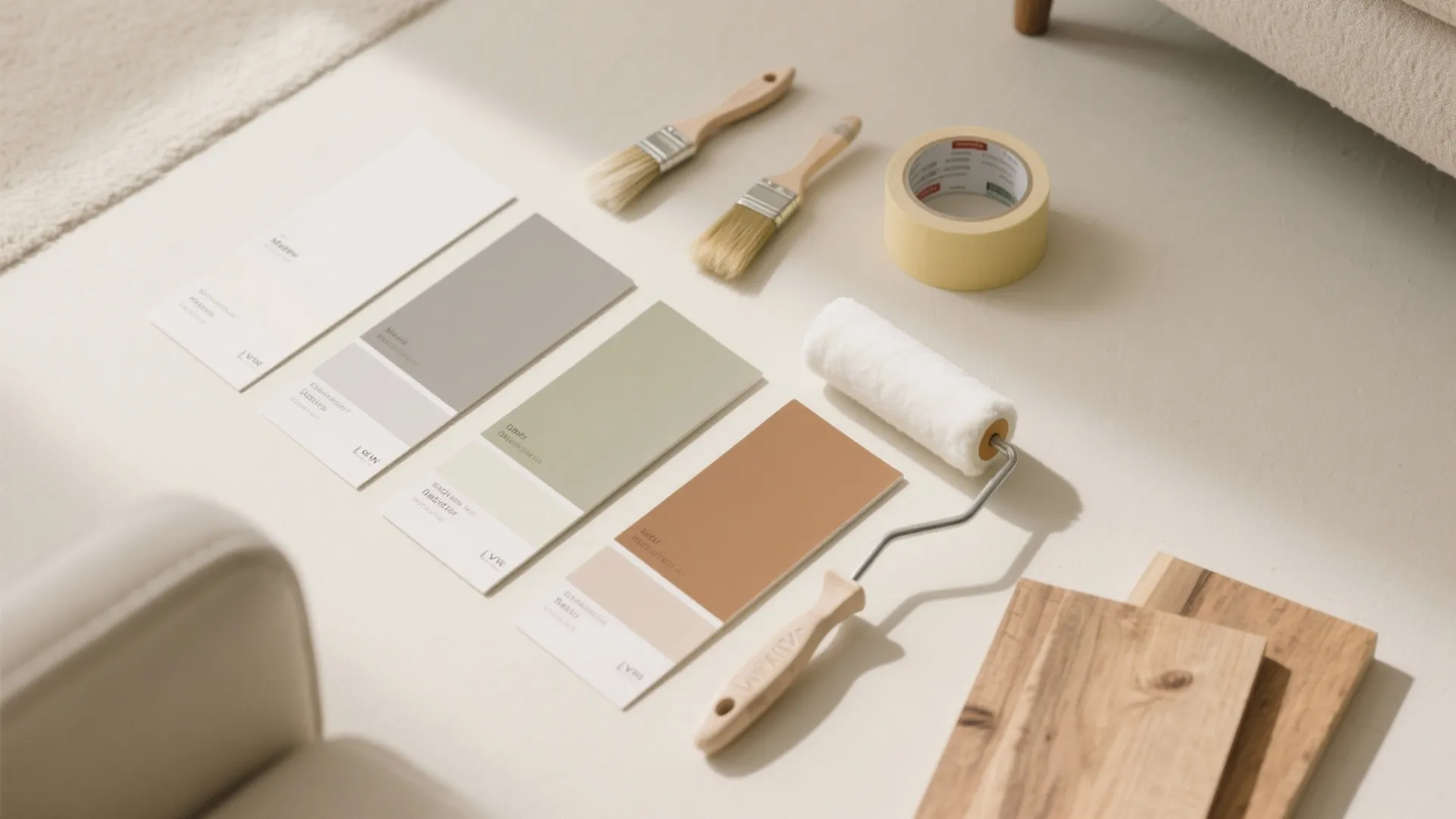 Home renovation tools with paint color cards brushes tape and roller on light grey floor background