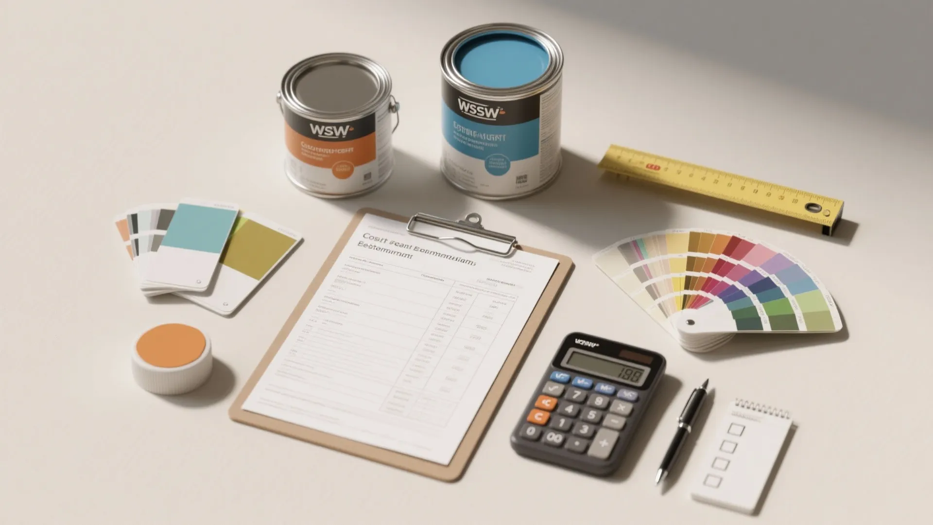 Top-down flatlay of paint swatches, estimates, calculator and measuring tape for FAQ and cost benchmarking.