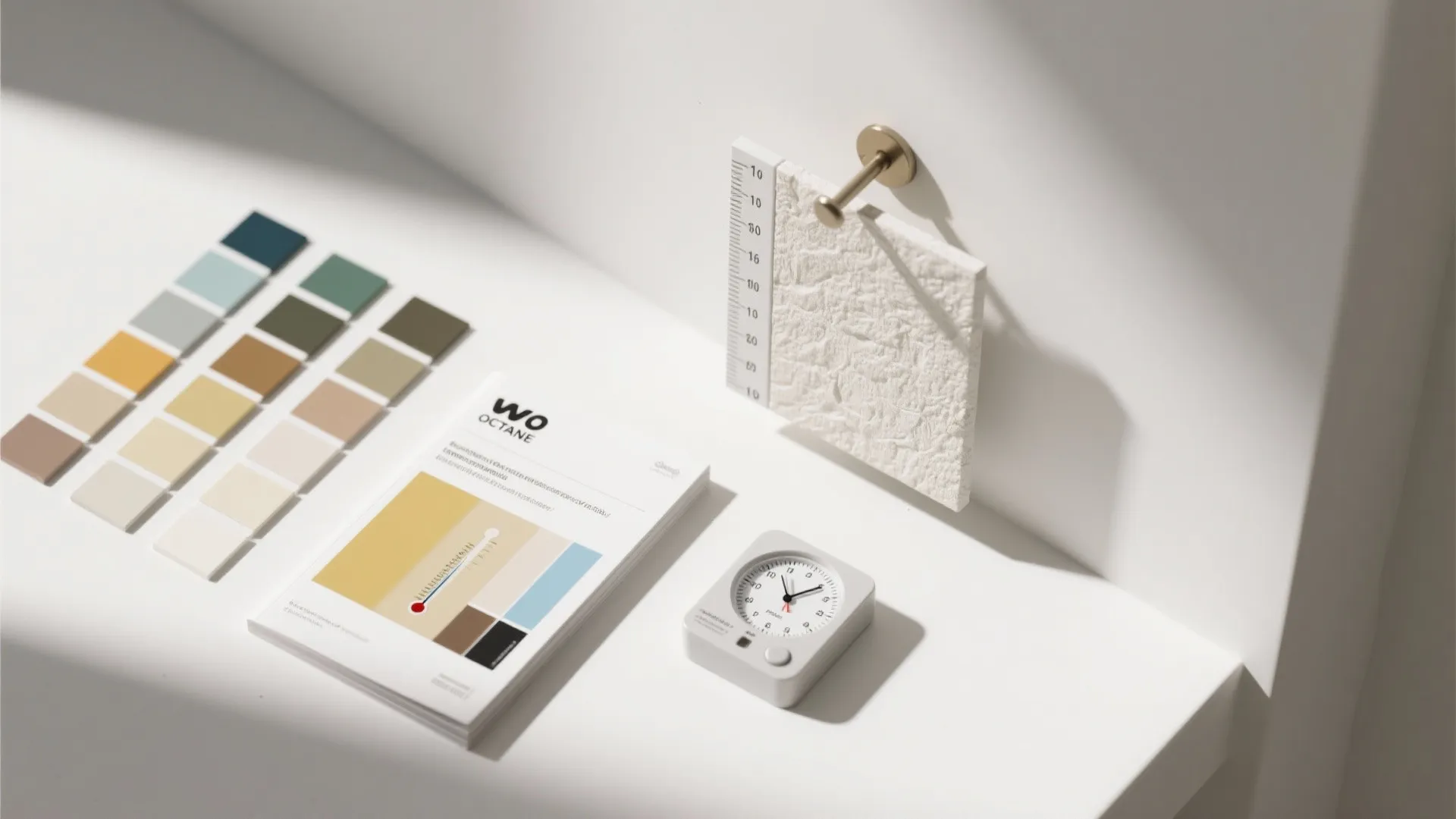 A desk with colorful paint chips a small white clock and a wall texture sample