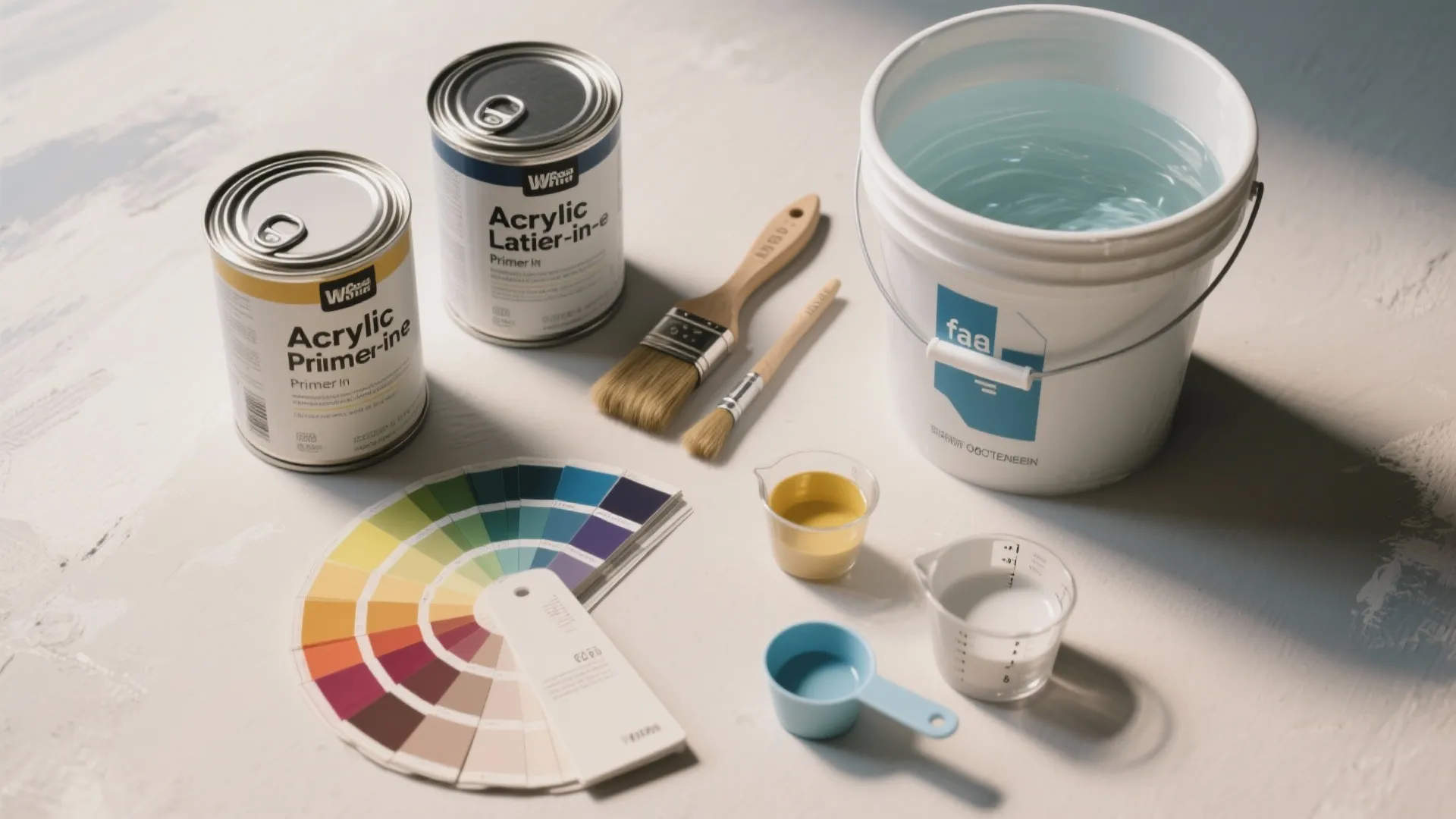Two paint cans brushes white bucket color swatches and small cups for home interior painting