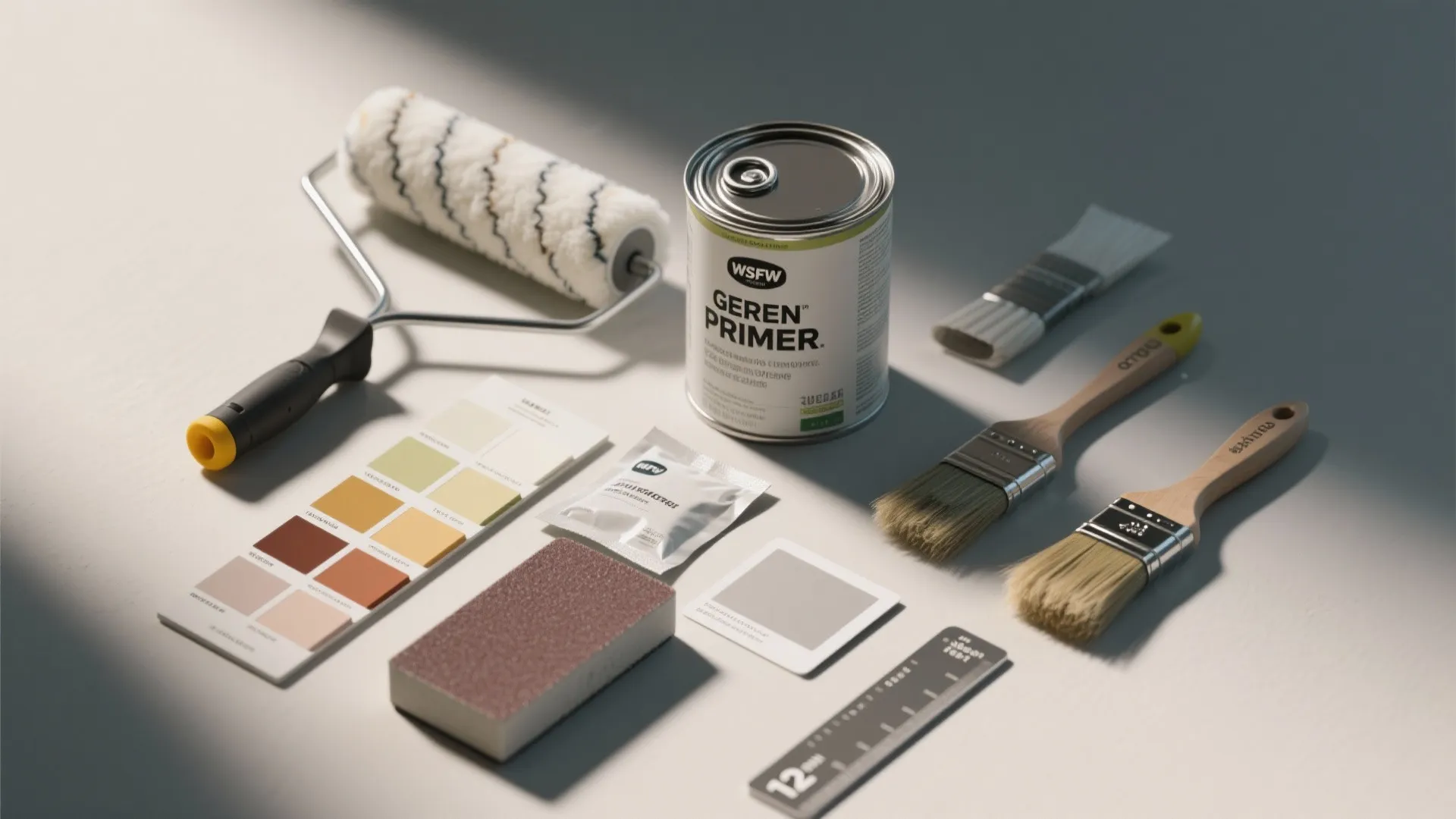 House painting tools including a roller brush paint can color swatches and wood handle brushes