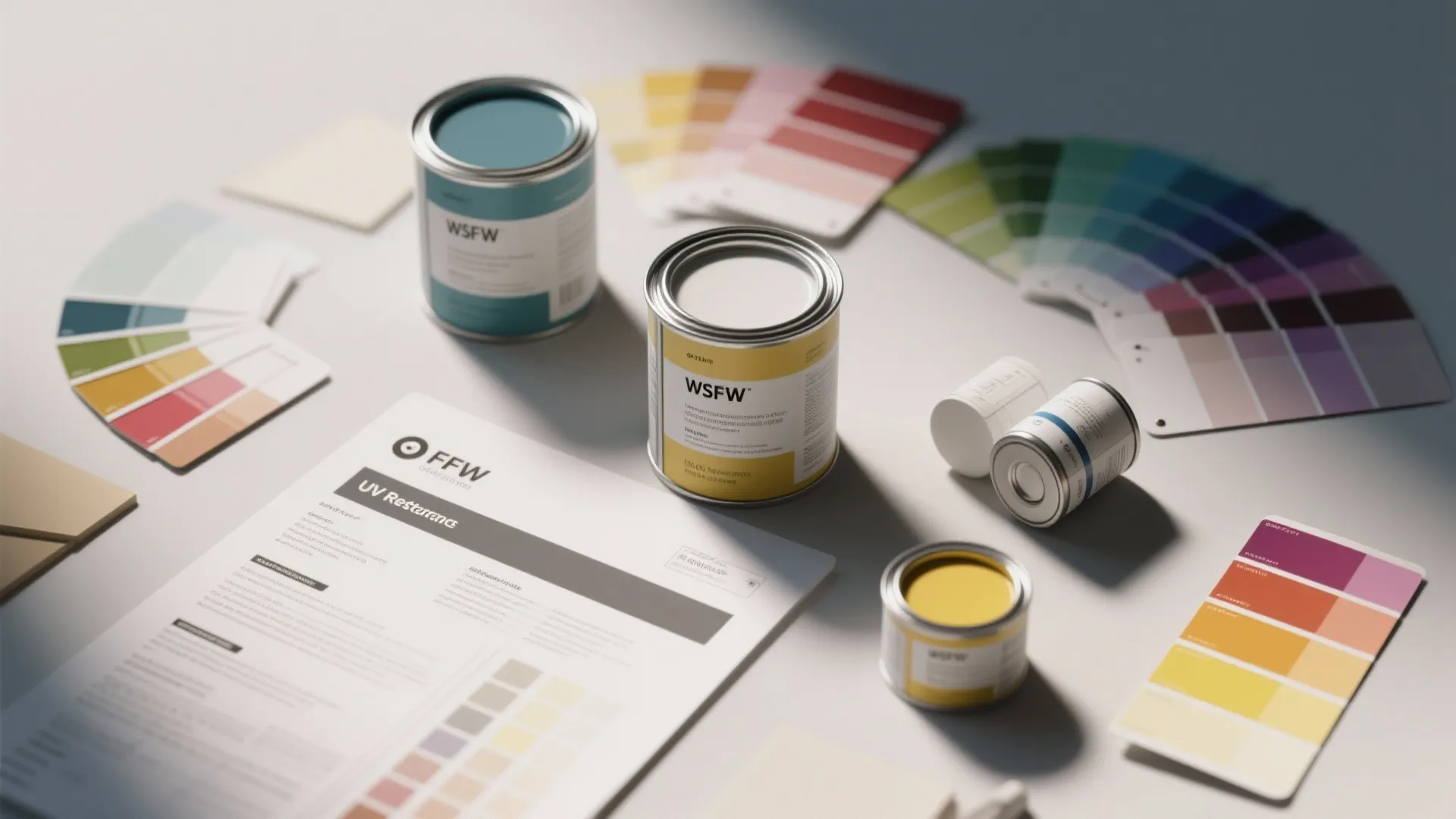 Multiple paint cans and colorful swatches with a document on a table for interior painting