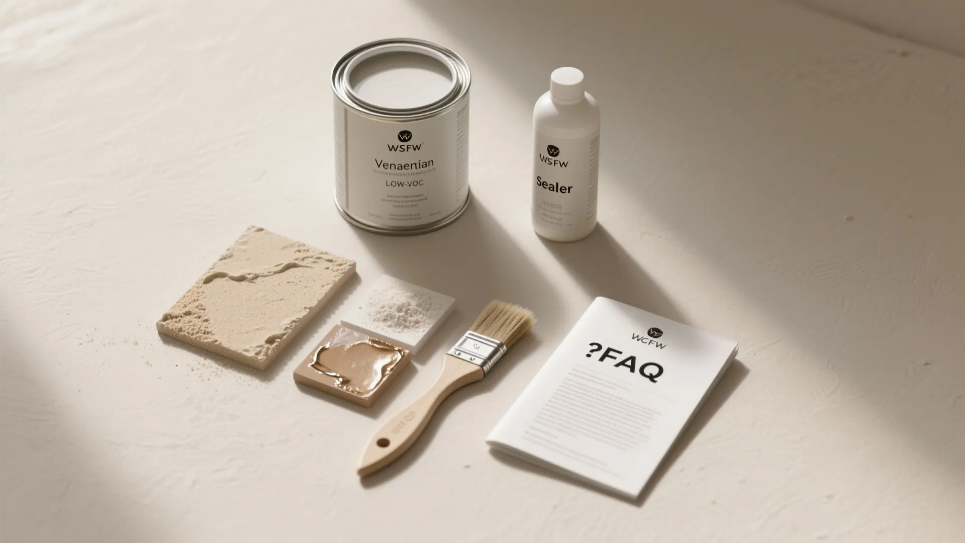 Painting supplies including white paint can sealer bottle wooden brush FAQ booklet and texture material samples