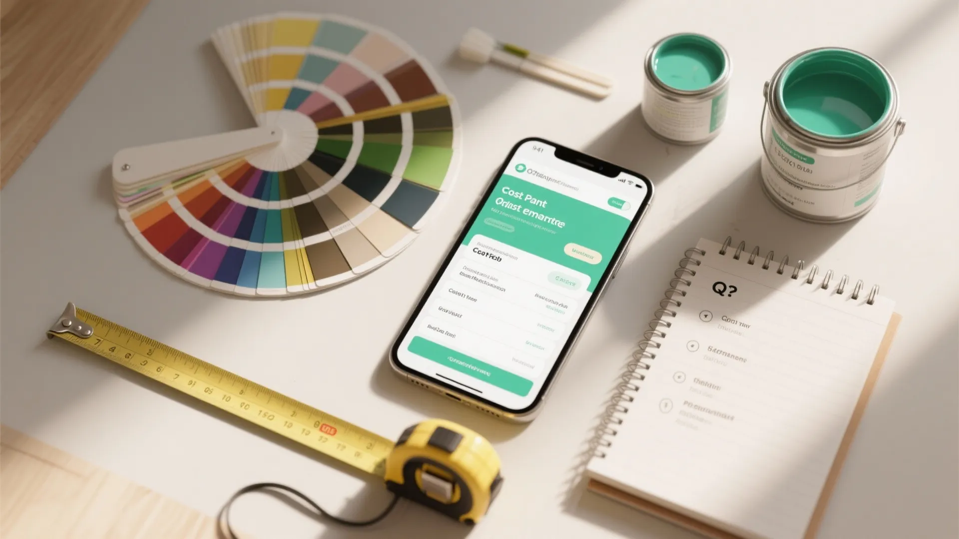 Mobile phone showing paint cost calculator next to paint cans, color wheel, and measuring tape