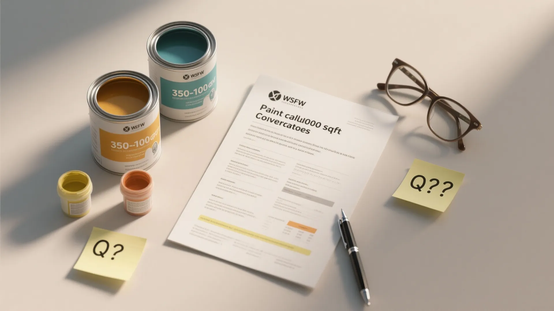 Desk with paint cans paper document glasses pen and yellow sticky notes with question marks