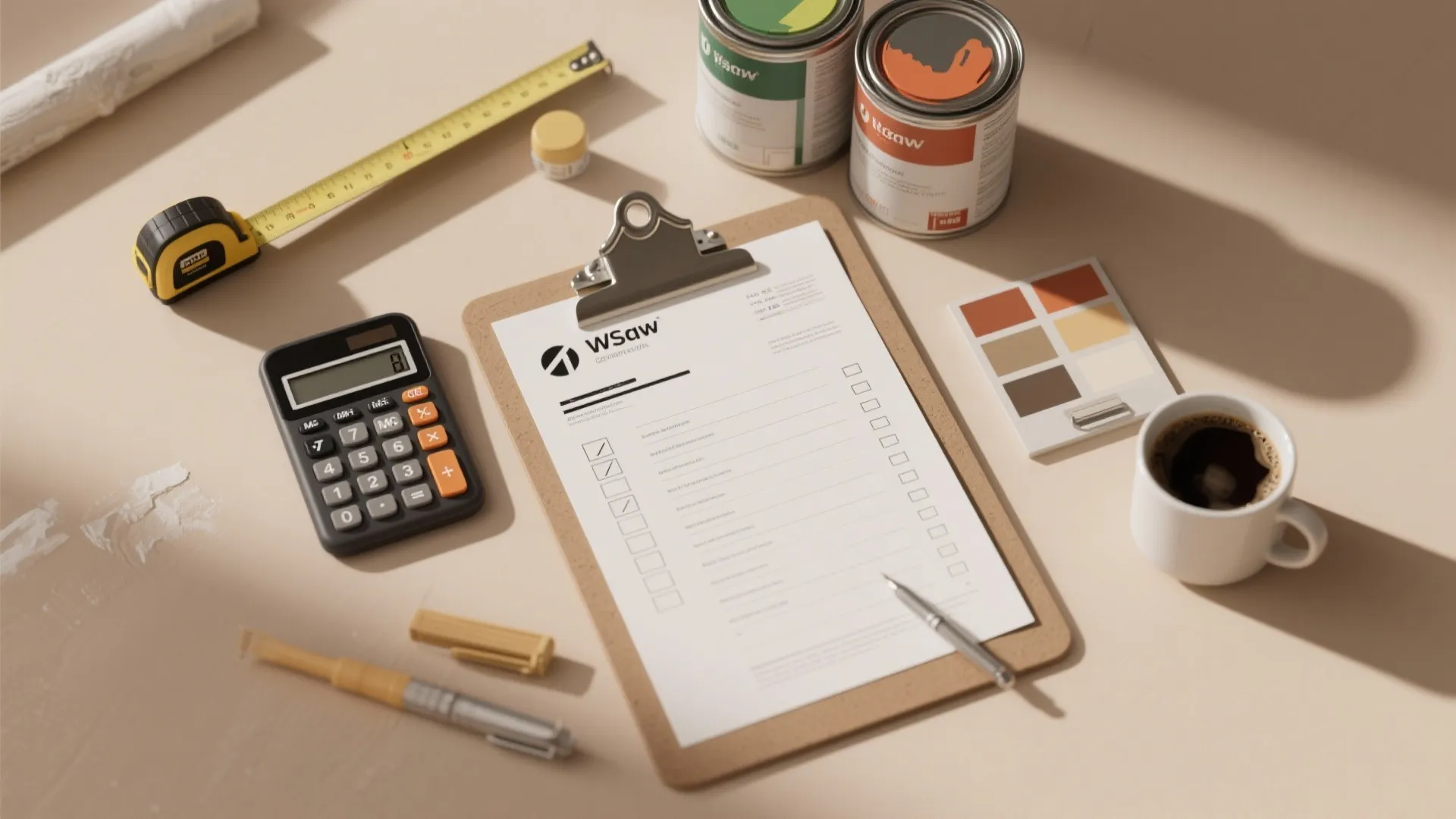 Clipboard with checklist next to calculator tape measure paint cans color samples and coffee cup