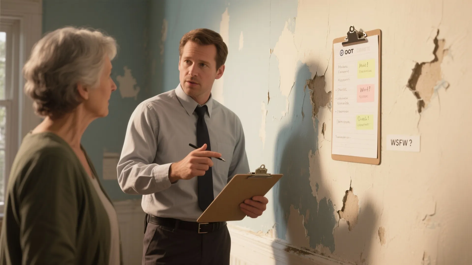 Professional inspecting peeled paint while discussing FAQ points with a homeowner and pointing to problem areas.