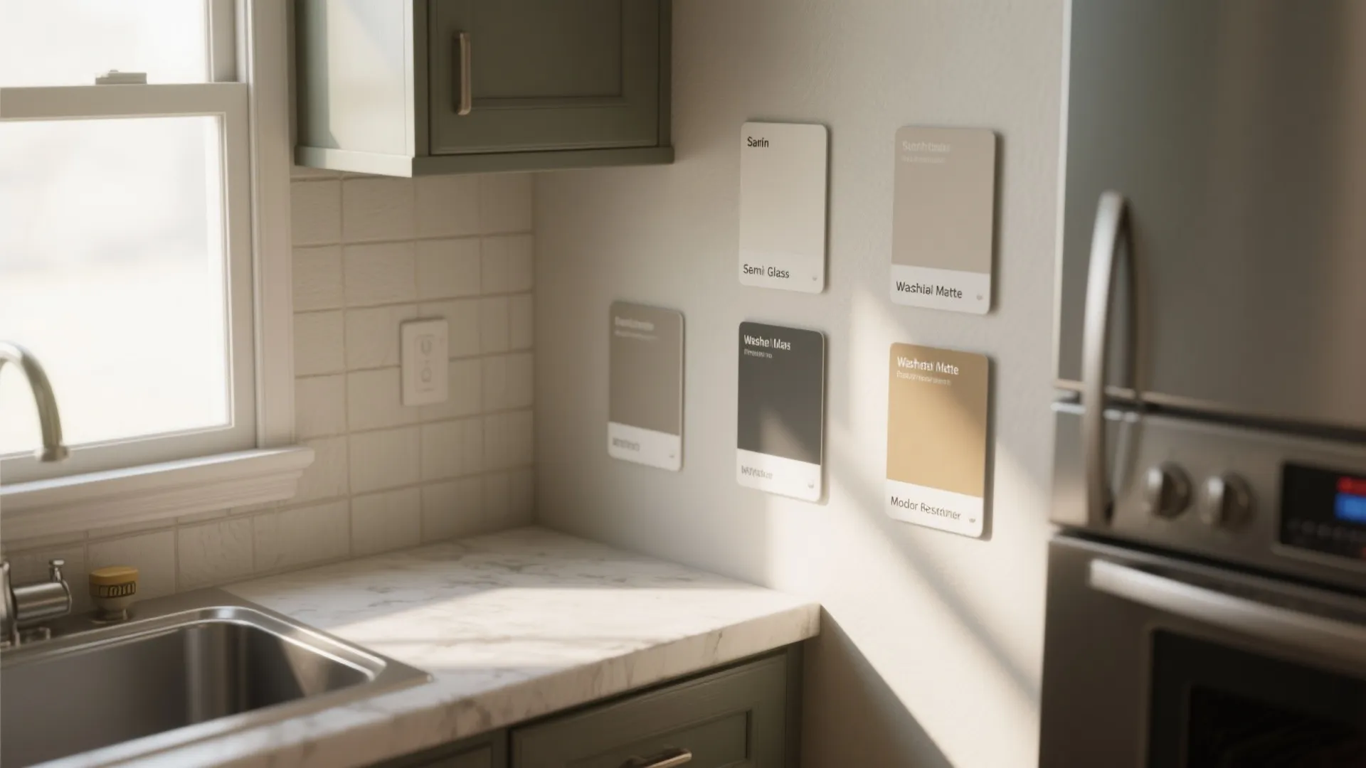 Kitchen corner with labeled paint finish sample cards for satin, semi-gloss, washable matte and mold-resistant finishes.