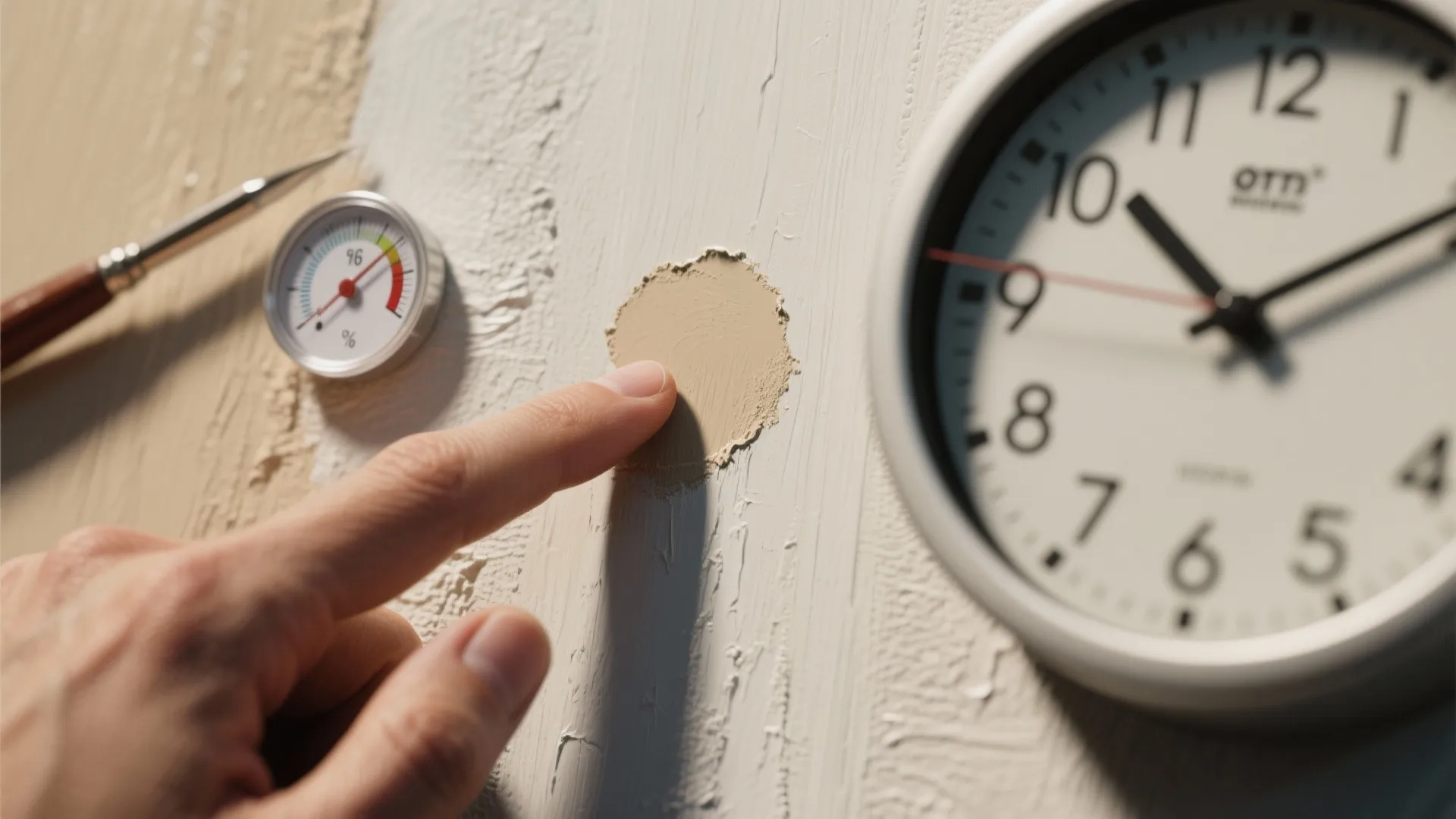 Macro image of a fingertip testing a paint patch with a hygrometer and a clock in soft focus.