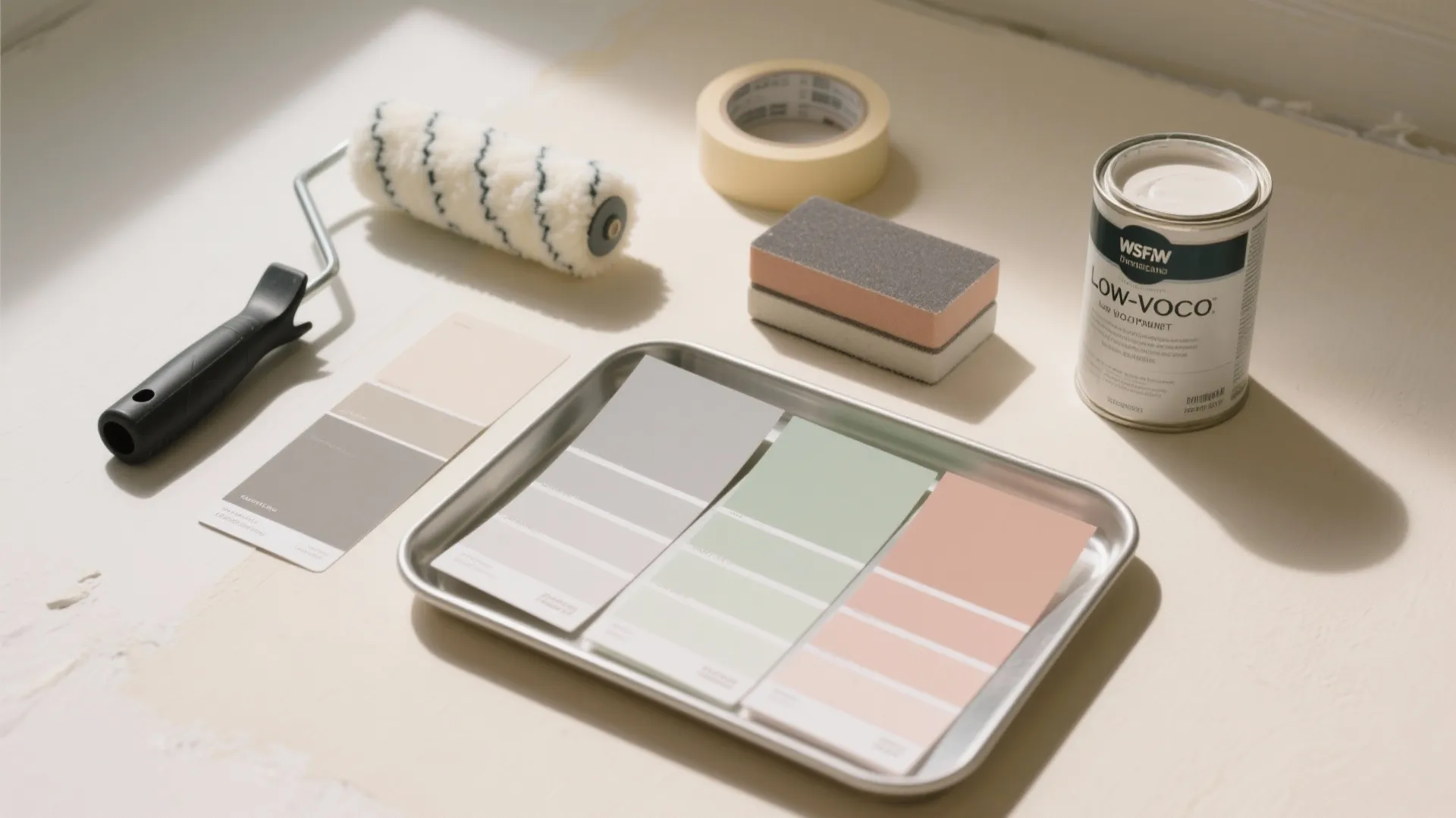 Home painting supplies featuring a paint roller tape paint can and colorful paper swatches on tray