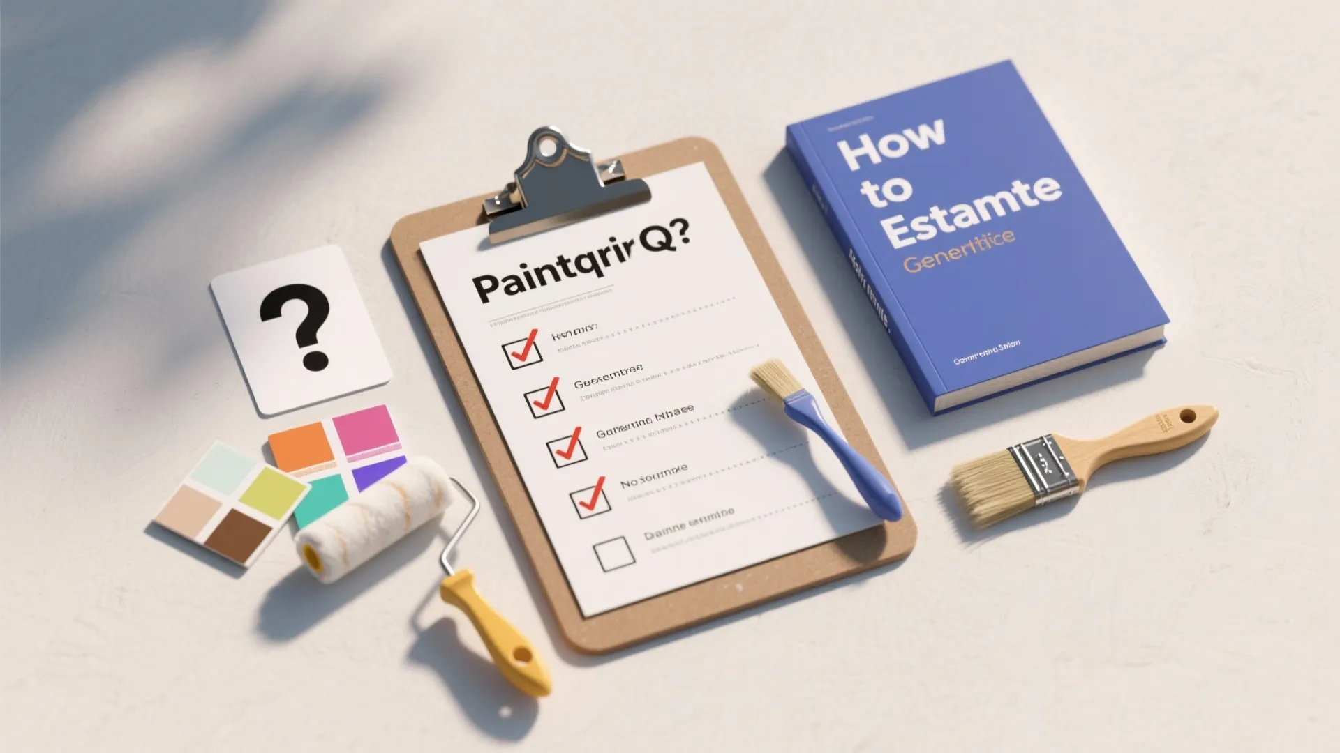 Clipboard with a painting checklist next to a blue book, paint brushes, and color samples