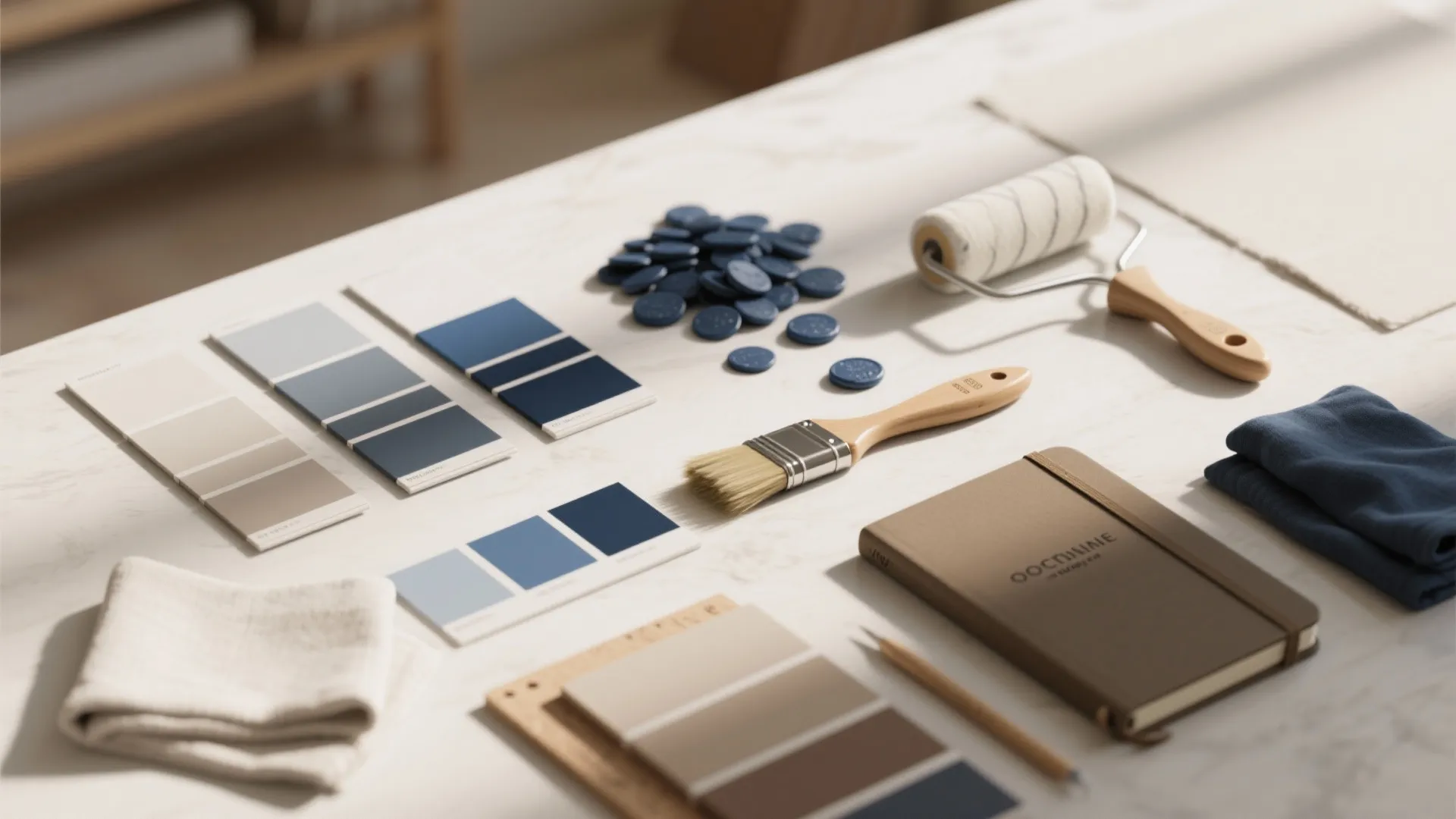 Interior design tools including blue color samples paint brush roller notebook and cloth on desk