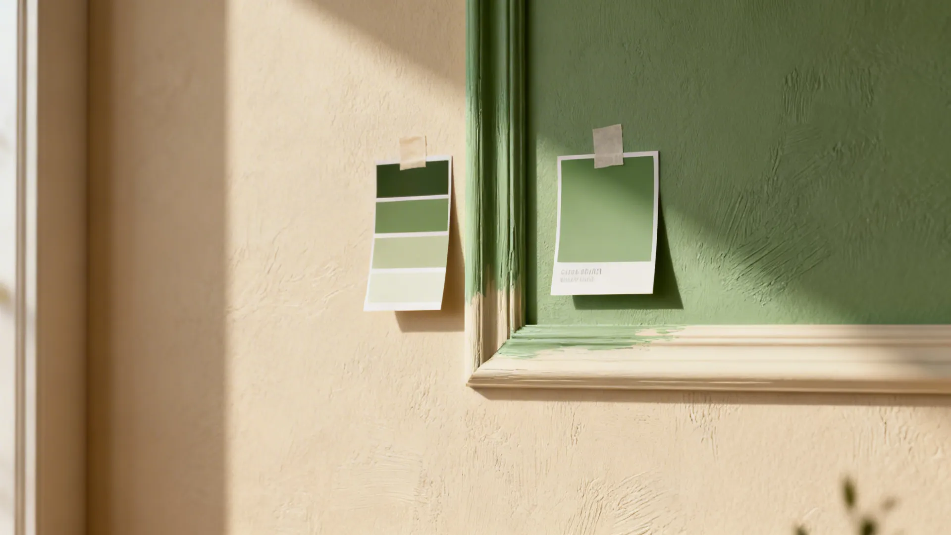 Green color cards taped to a wall next to a green painted wall panel area