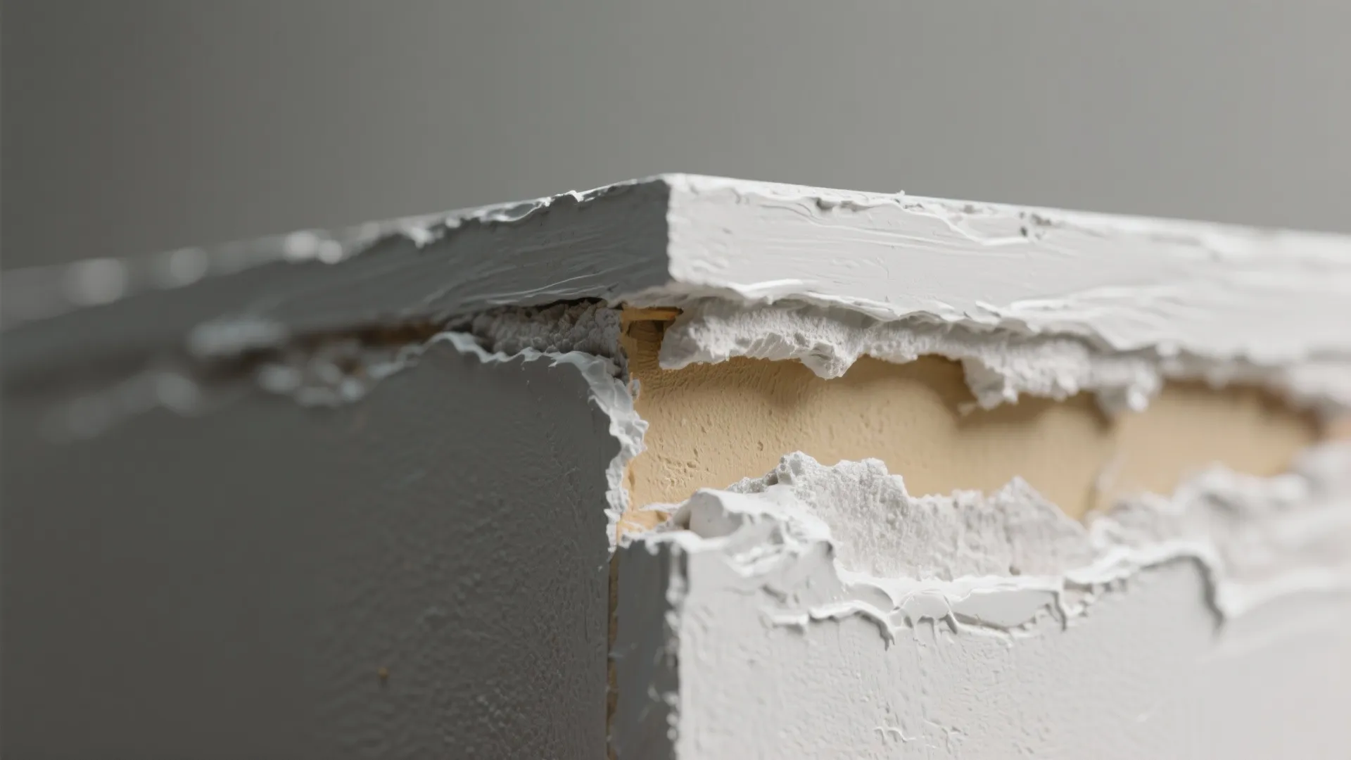 Close up of peeling white paint on a wall edge showing the layer underneath clearly