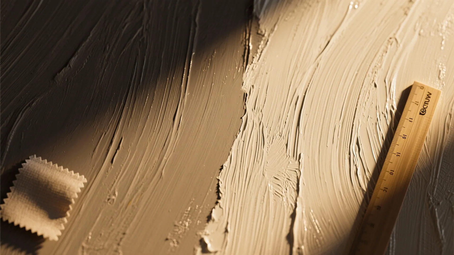 Close up of thick paint brush strokes on a wall with a ruler and fabric