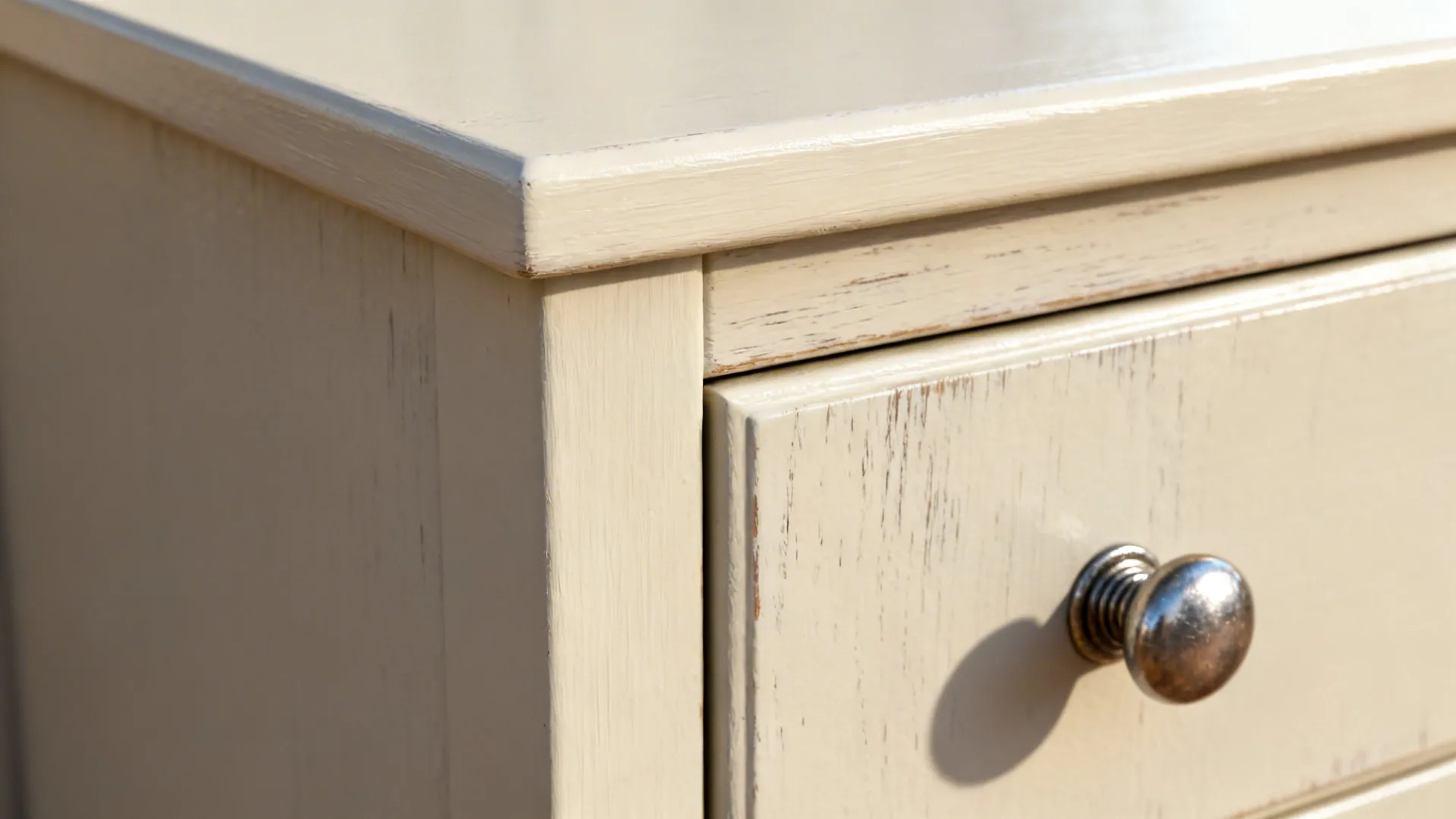 Macro view of a semi-gloss painted cabinet edge and enamel-coated drawer pull showing finish quality.