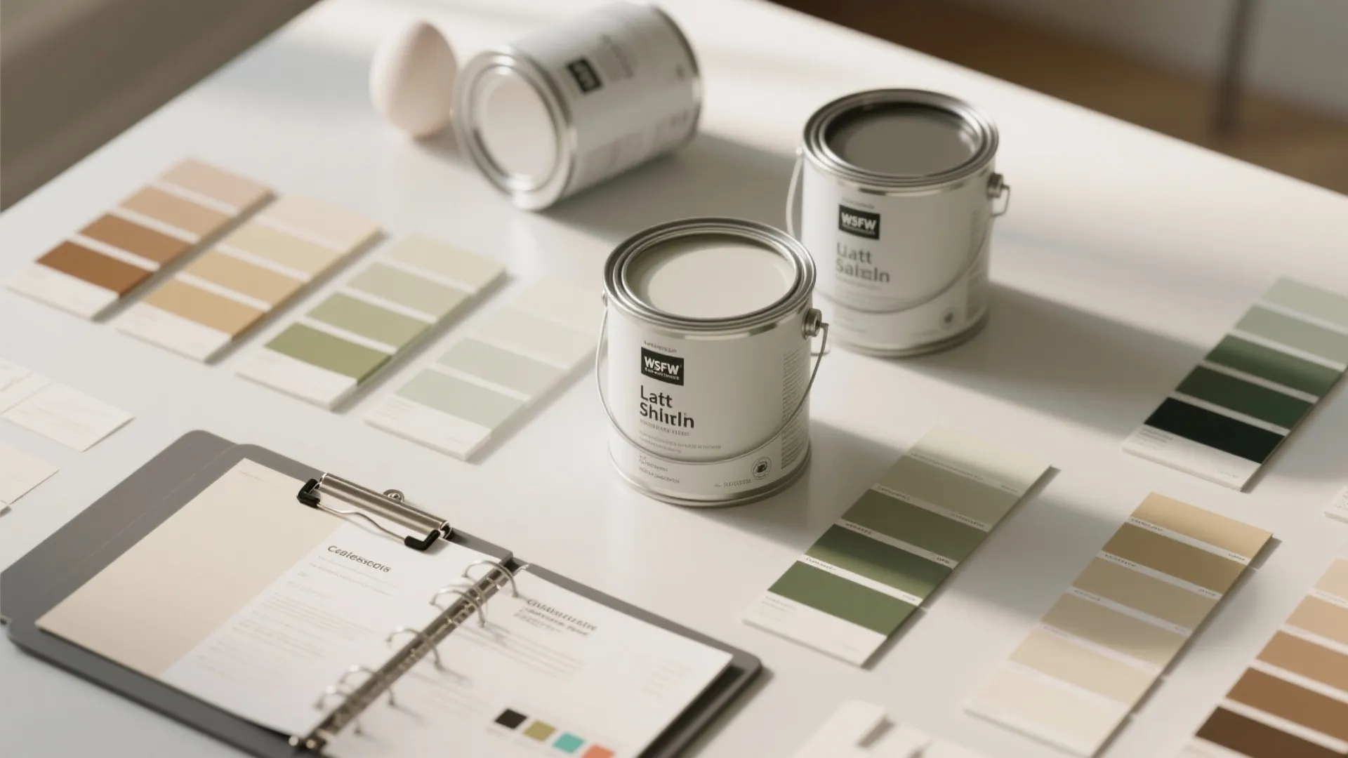 Open paint cans and various color swatches on white table with a small open notebook