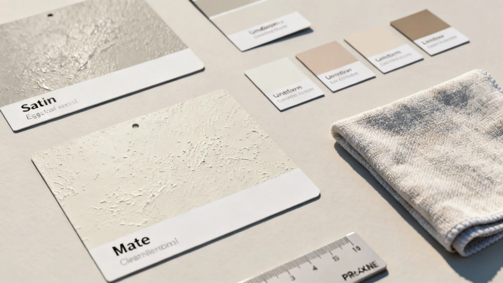 Flatlay of paint finish samples and undertone cards for choosing wall paint in small rooms.