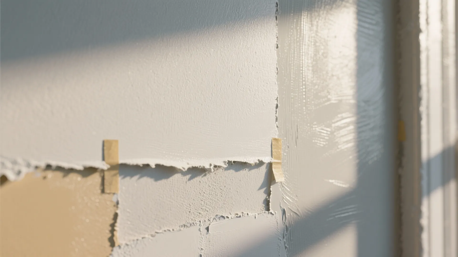 Close up of white wall paint texture with small pieces of masking tape and bright sunlight