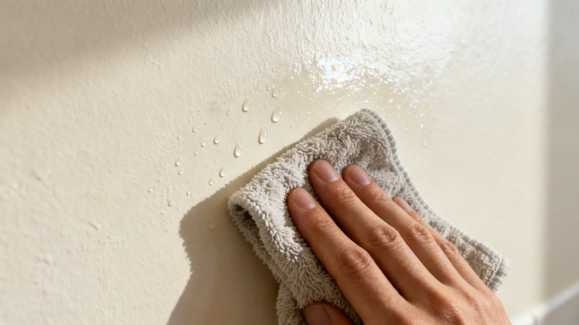 Close up view of a hand using a grey cloth to wipe water off wall