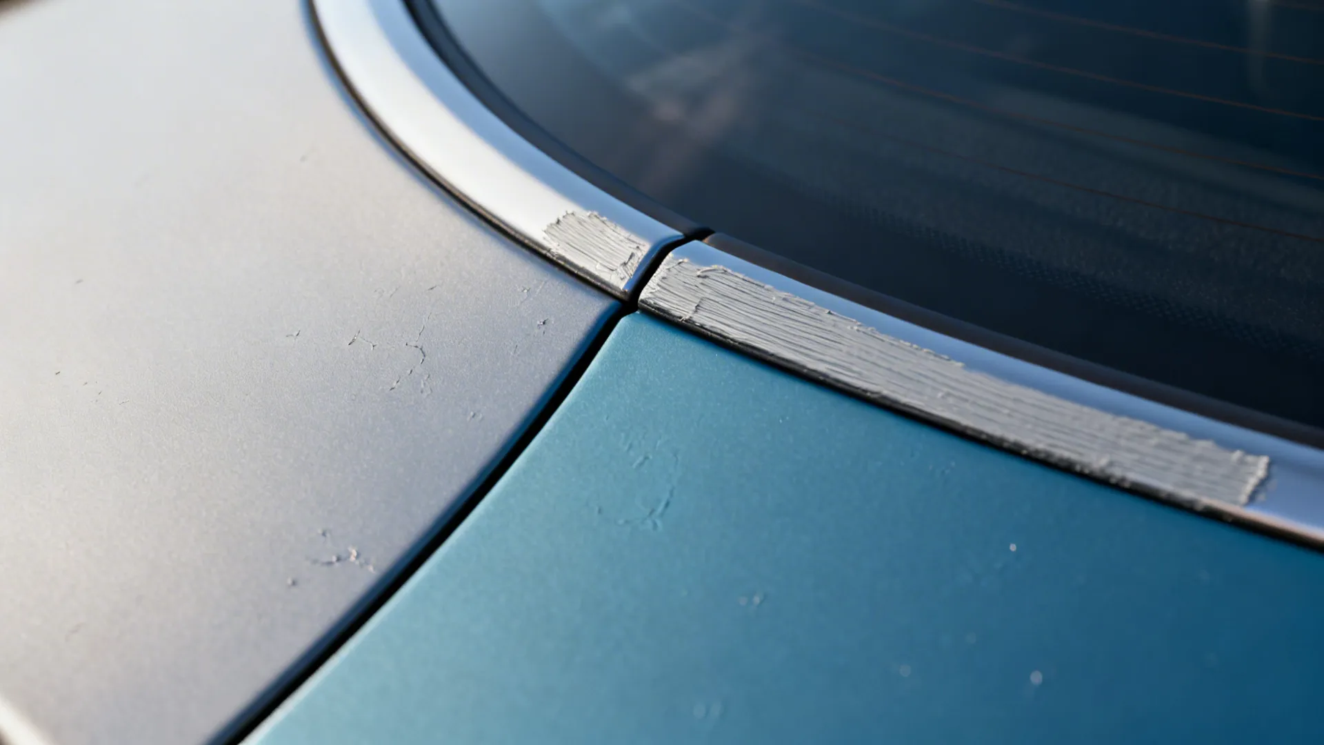 Close-up macro of satin body paint and semi-gloss trim showing texture and clean edge.