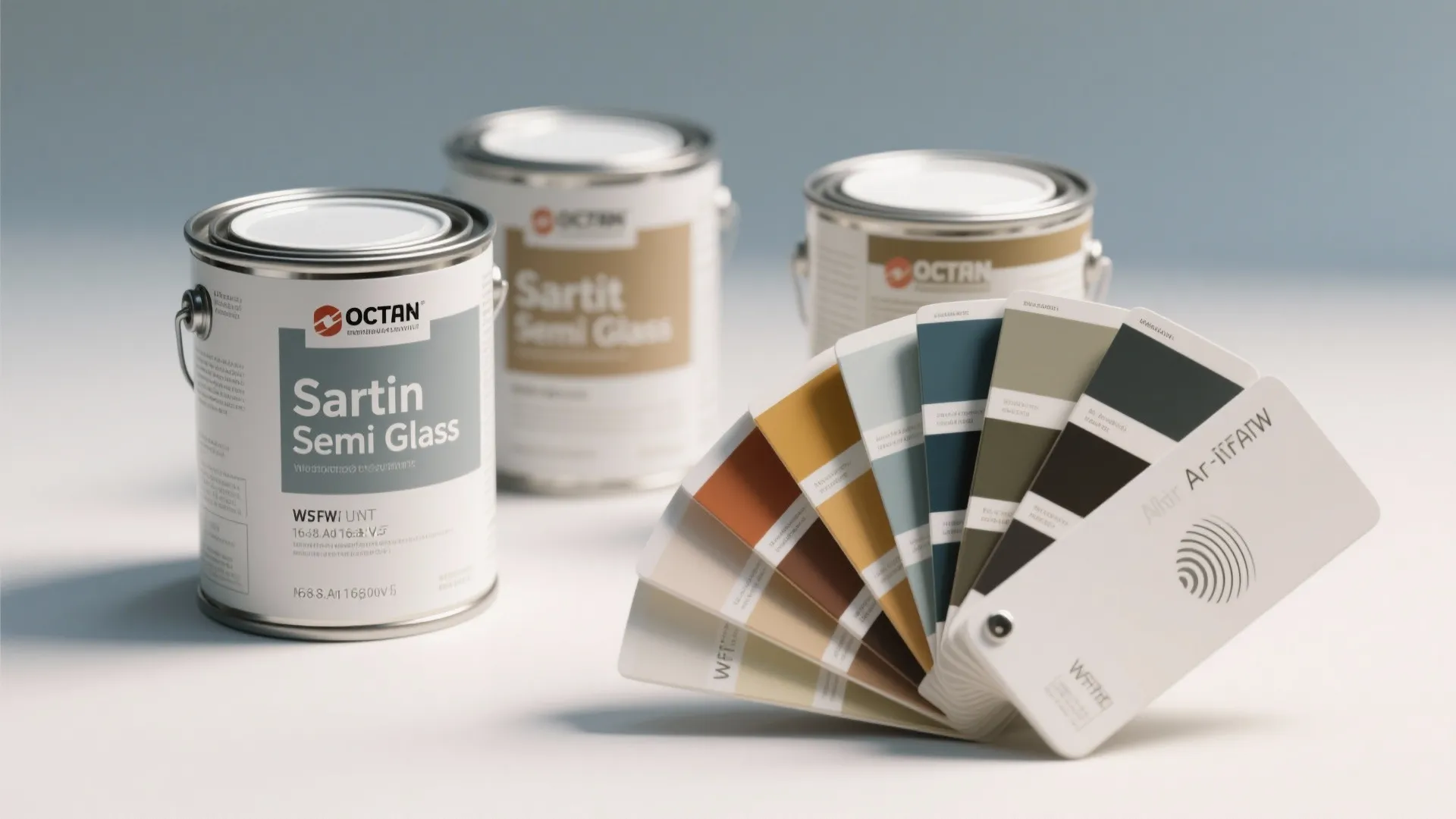 Three metal paint cans standing next to a colorful fan of wall paint color sample cards